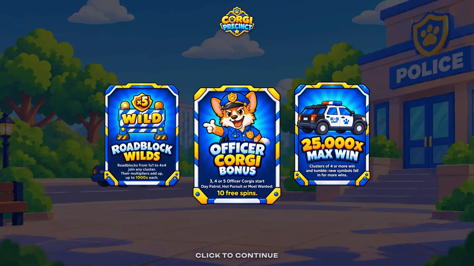 Corgi Precinct slot intro screen
