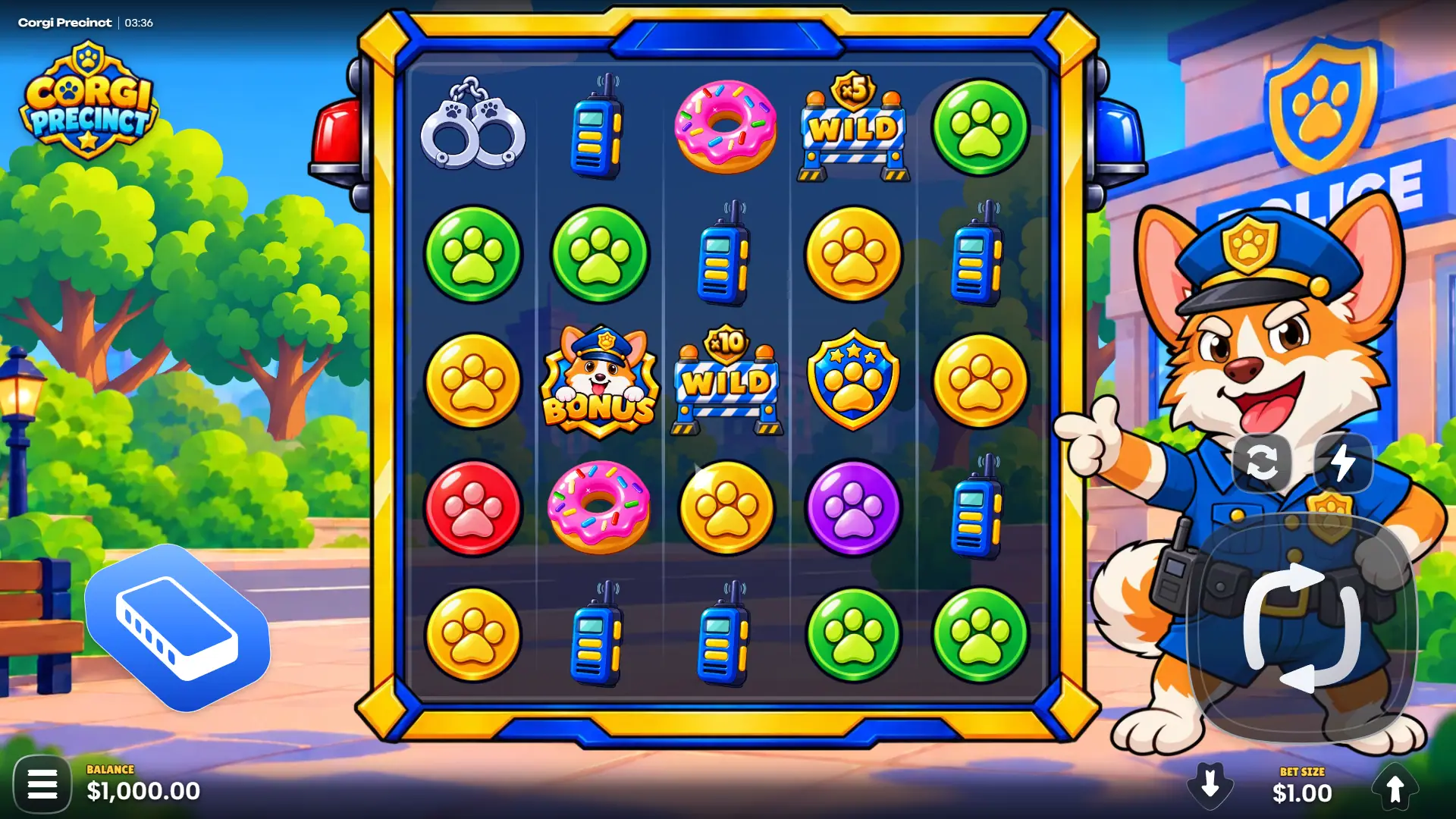 Corgi Precinct slot gameplay reels