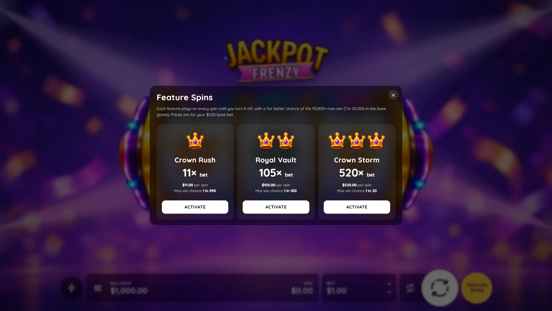 Jackpot Frenzy bonus buy menu