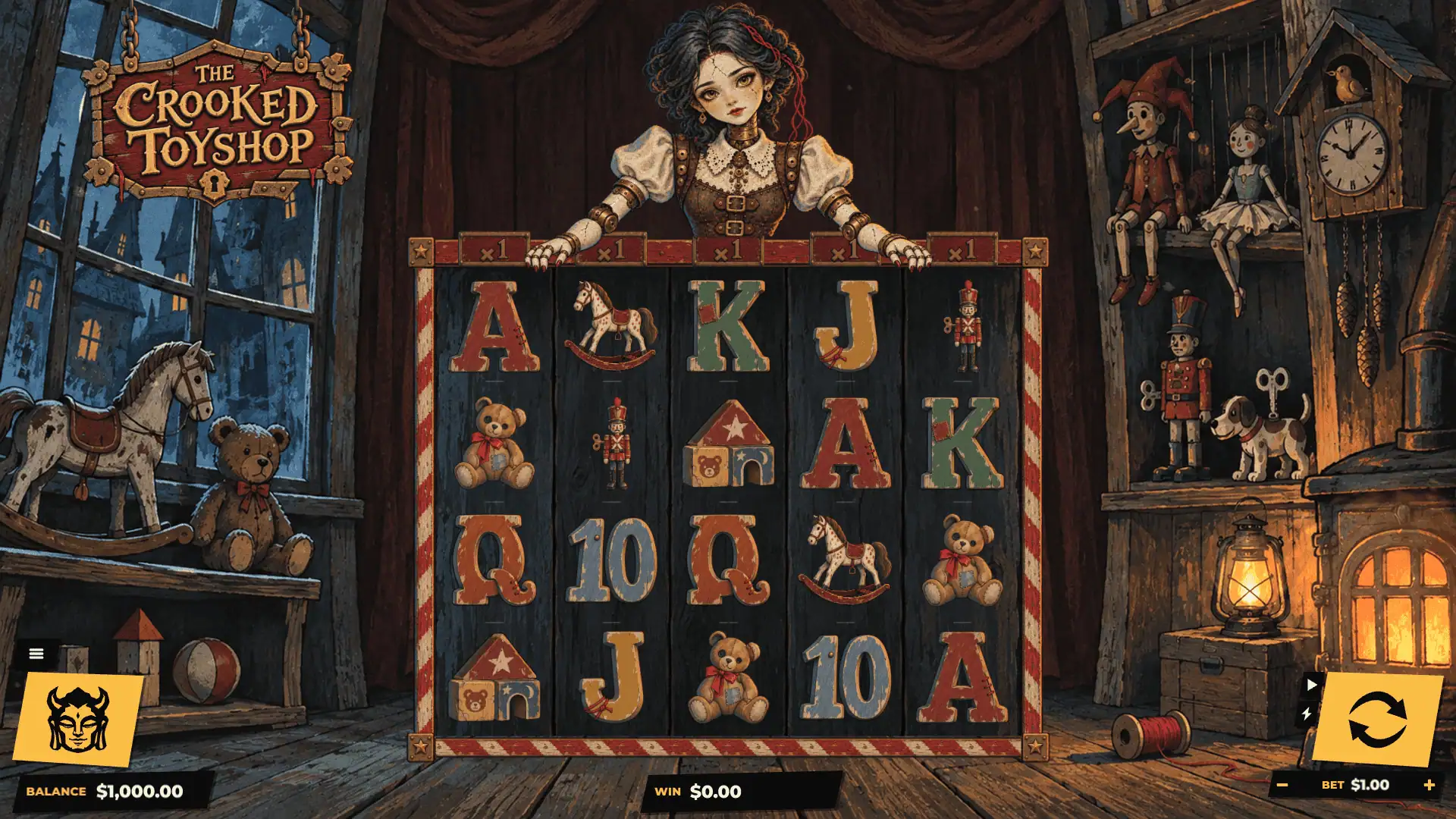 The Crooked Toyshop slot gameplay reels