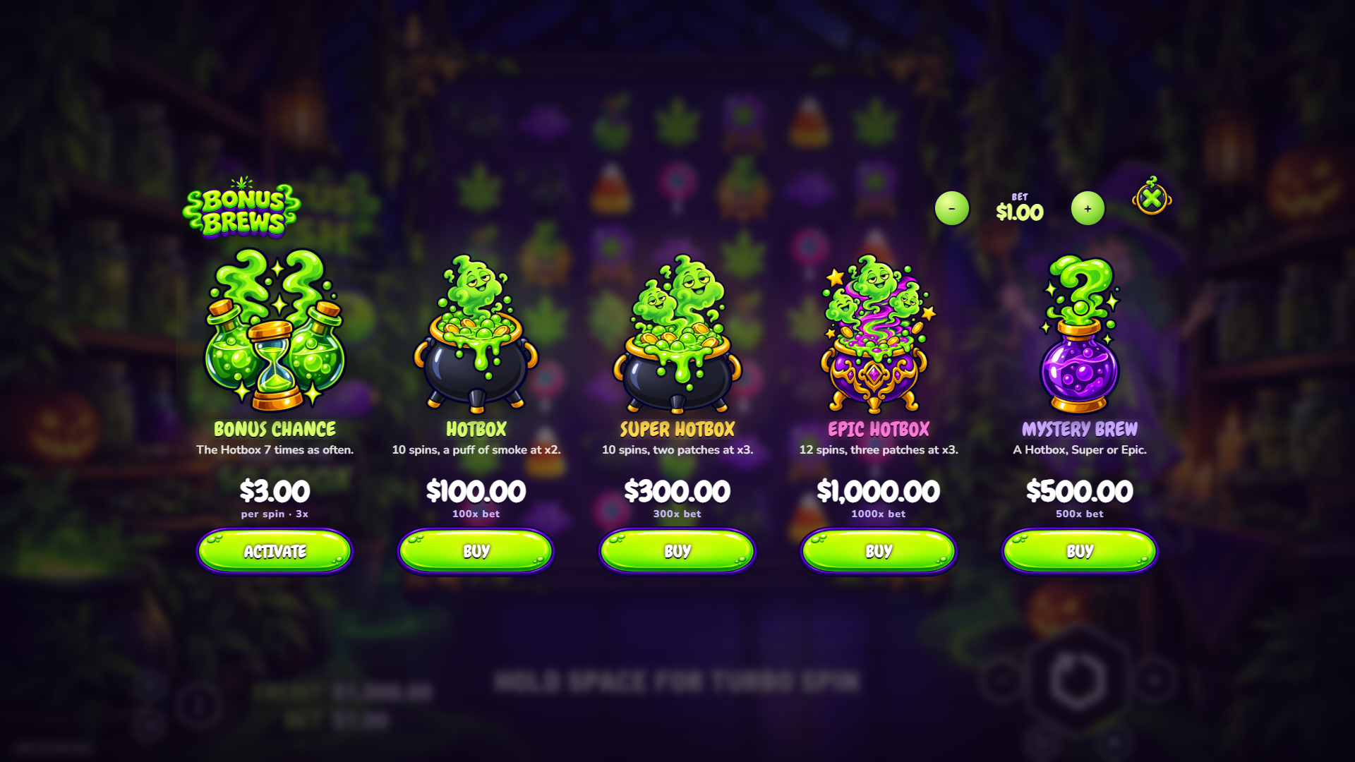 Hocus Kush bonus buy menu