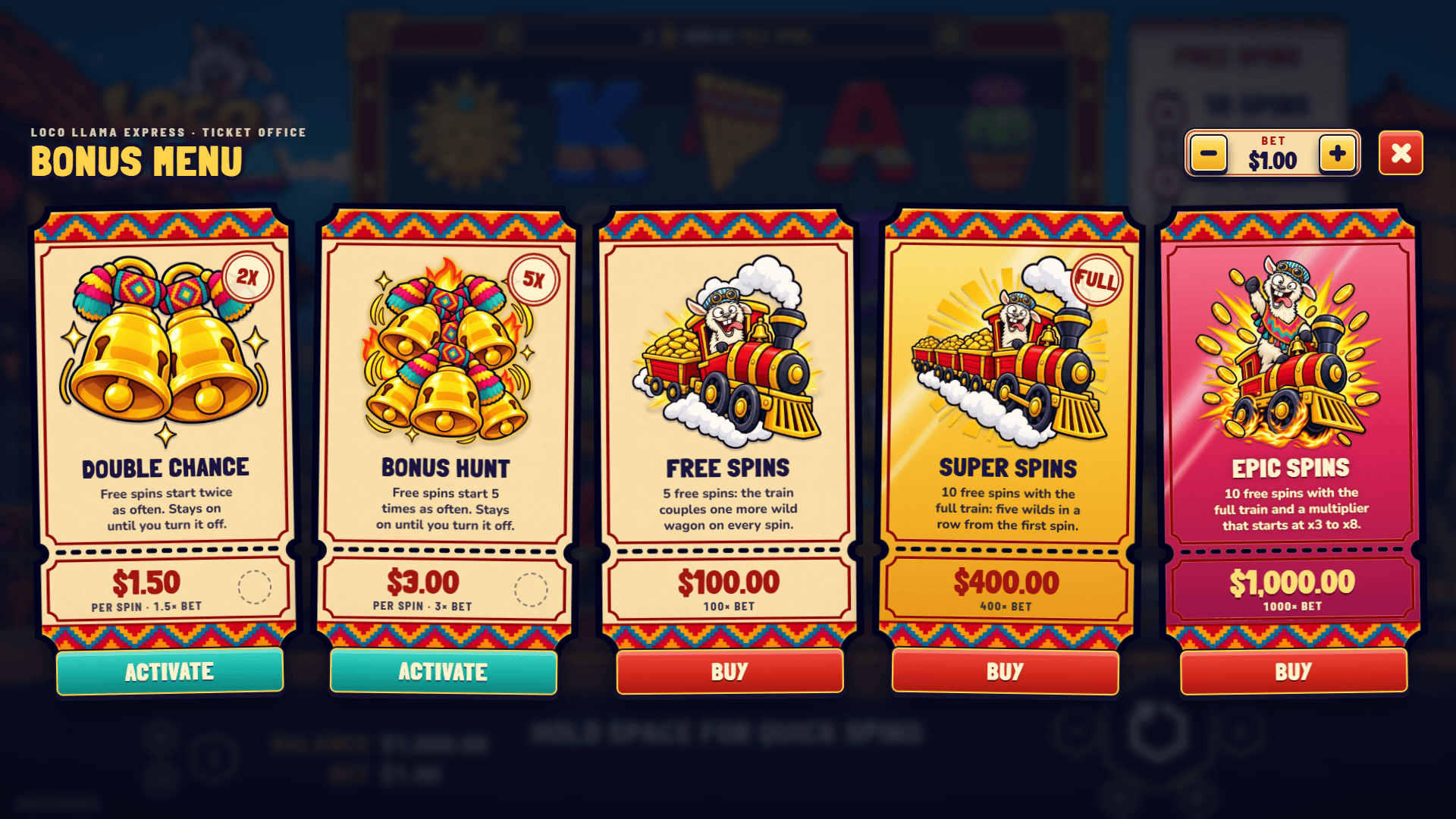 Loco Llama bonus buy menu
