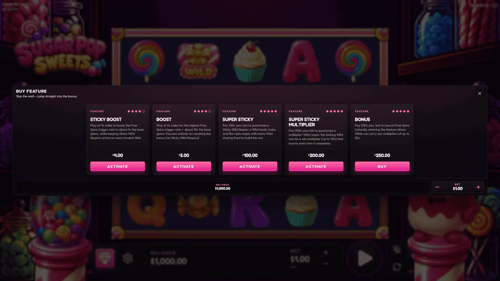 Sugar Pop Sweets bonus buy menu