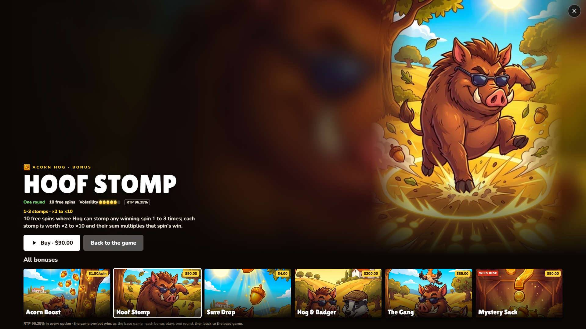 Acorn Hog bonus buy menu