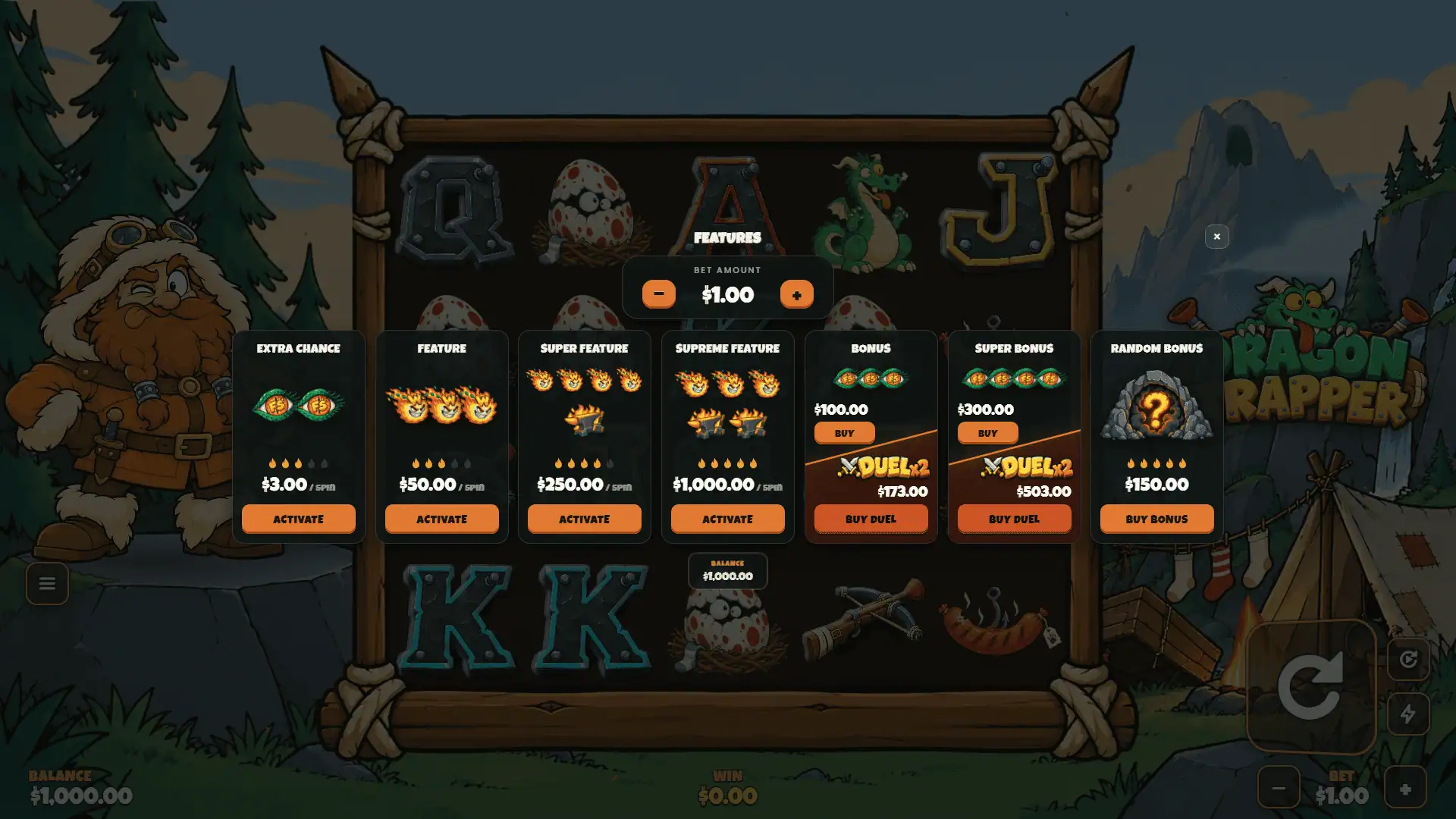 Dragon Trapper bonus buy menu