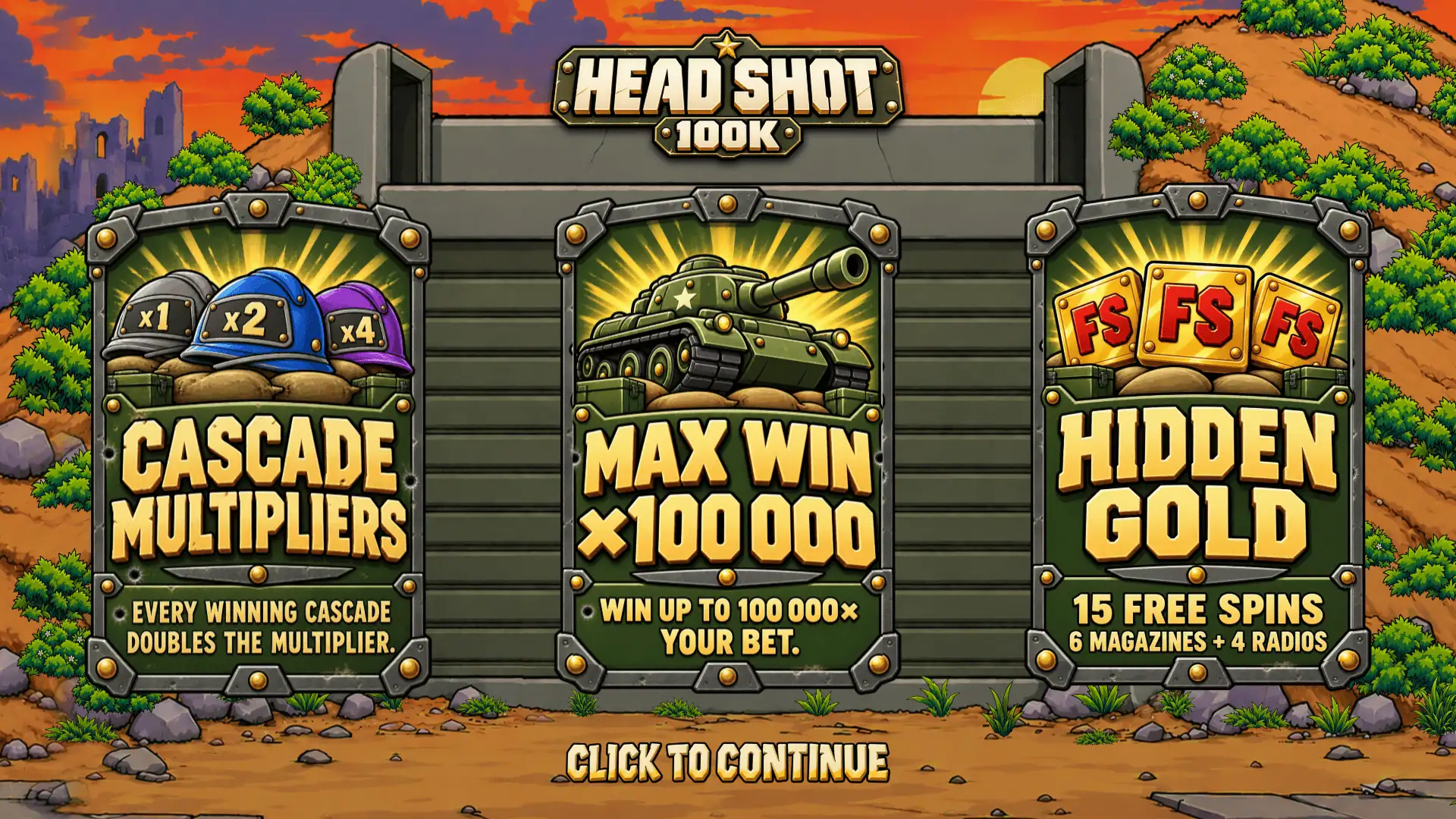 Head Shot 100K slot intro screen