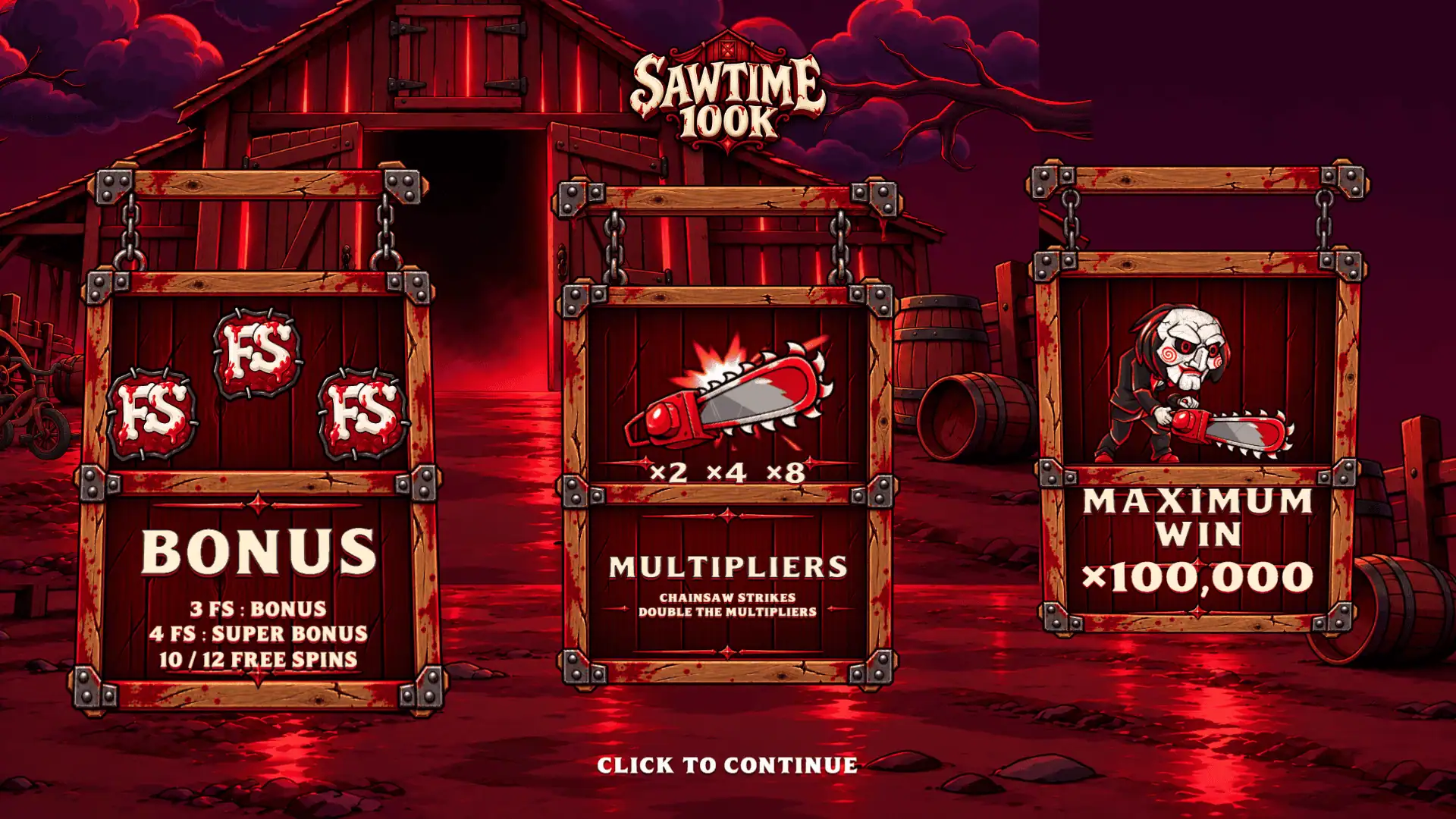 SawTime 100K slot intro screen