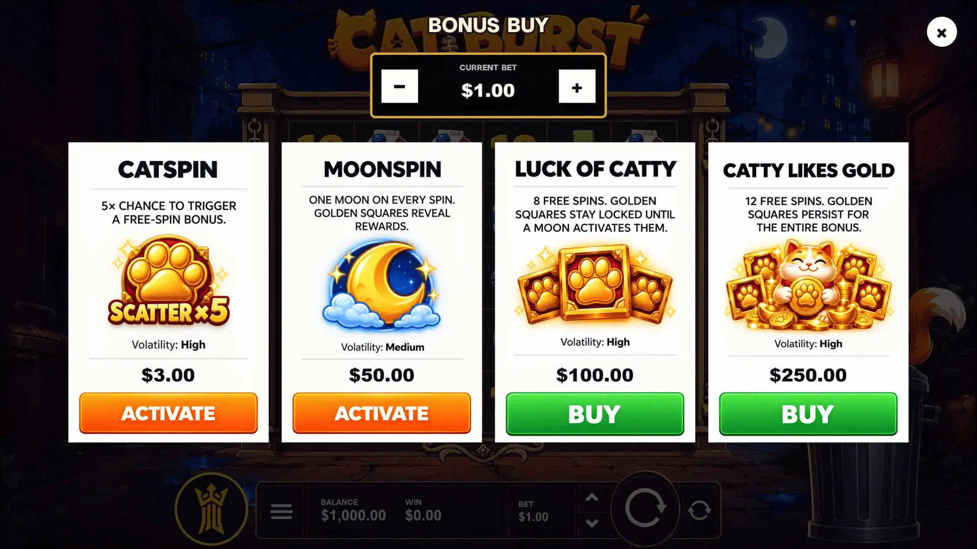 Cat Burst bonus buy menu