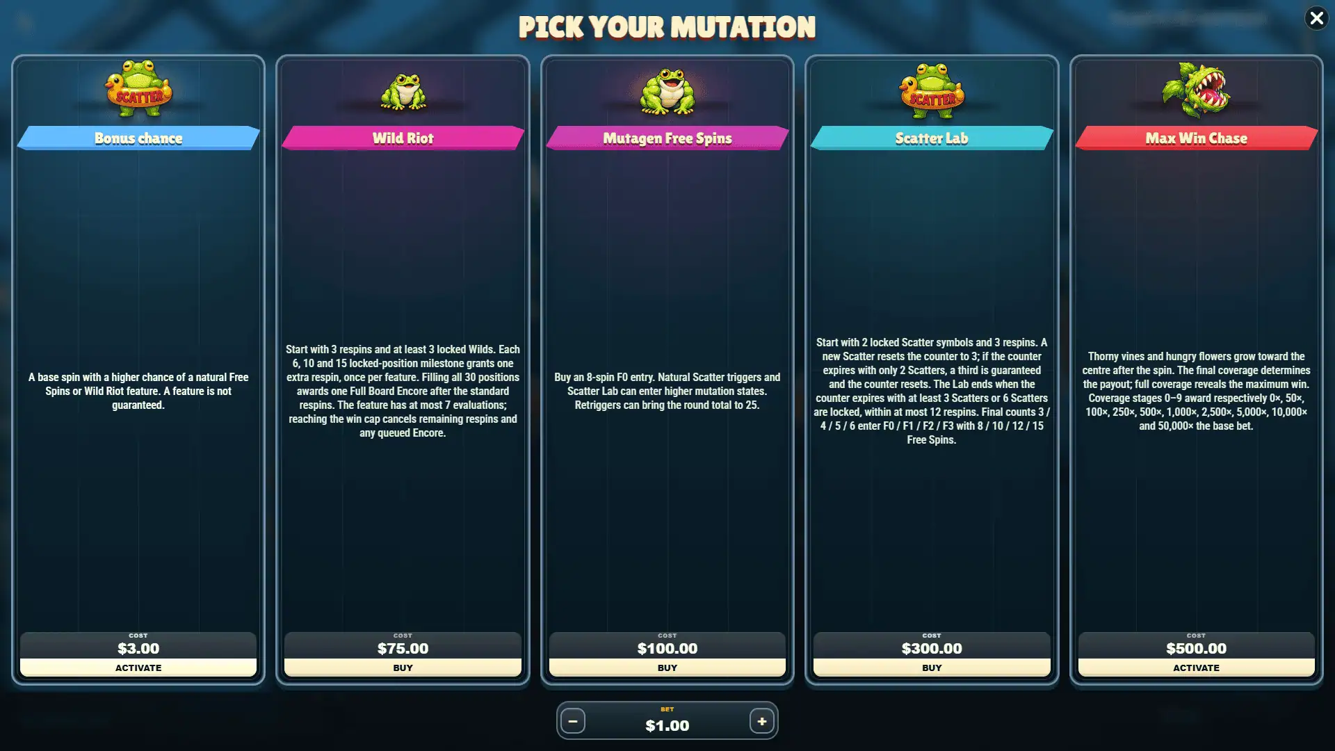 Plants vs Reptiles bonus buy menu