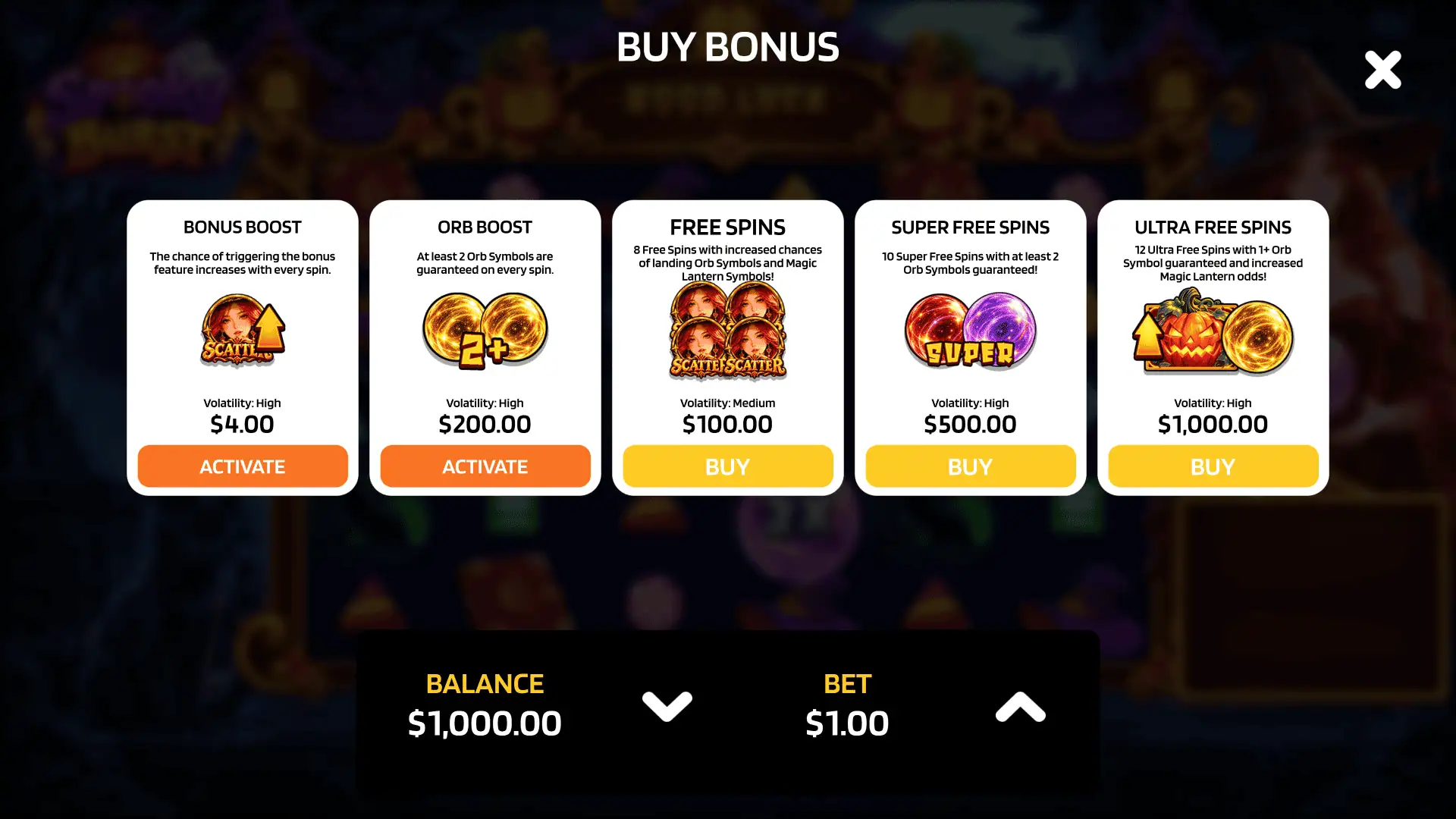 Spooky Burst bonus buy menu