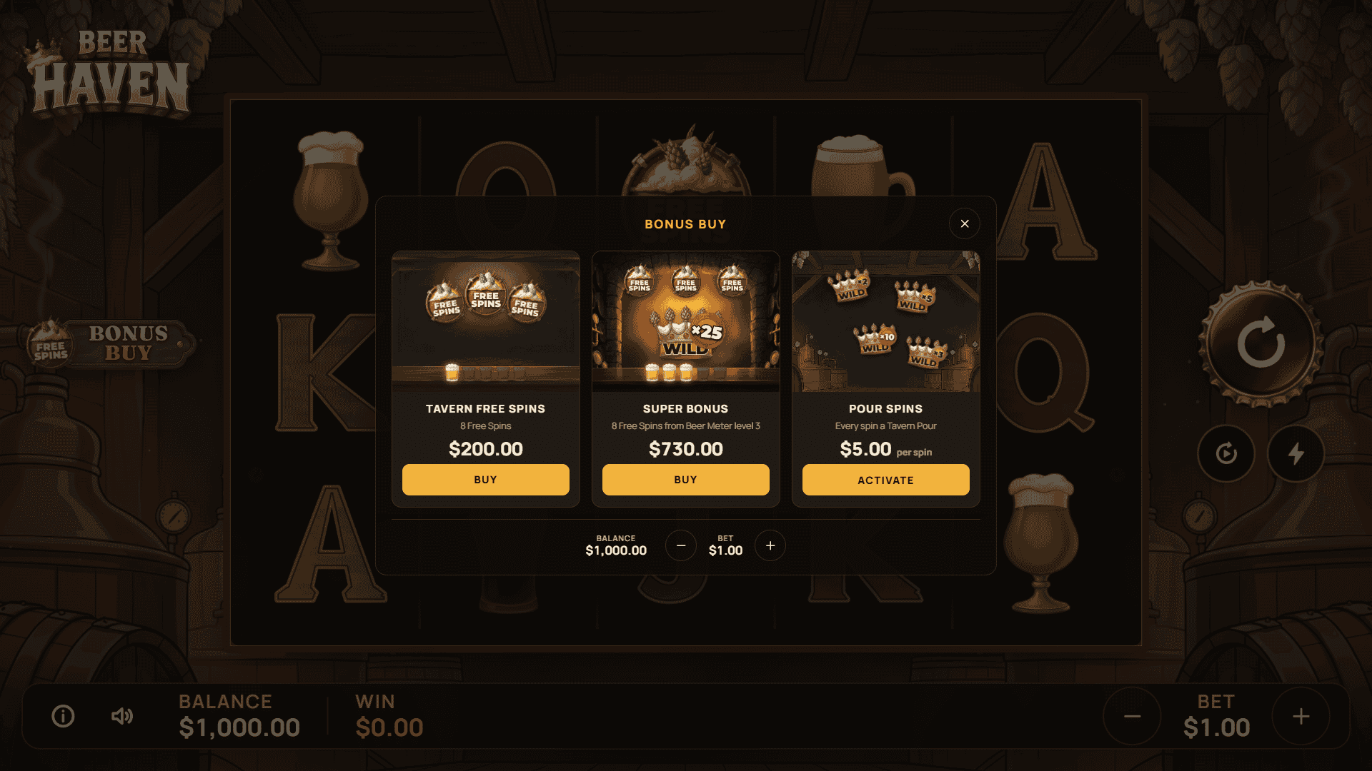 Beer Haven bonus buy menu