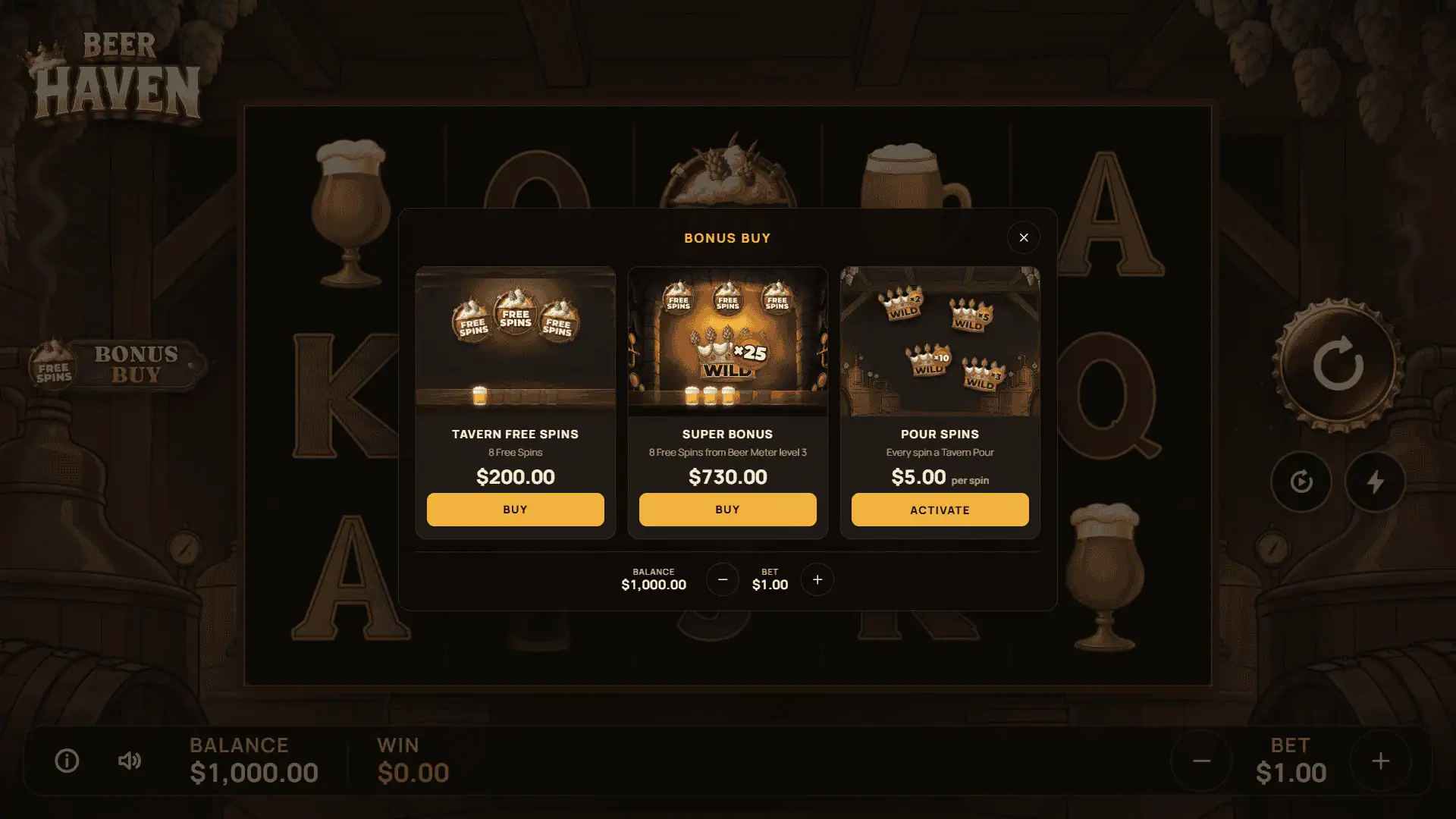 Beer Haven bonus buy menu