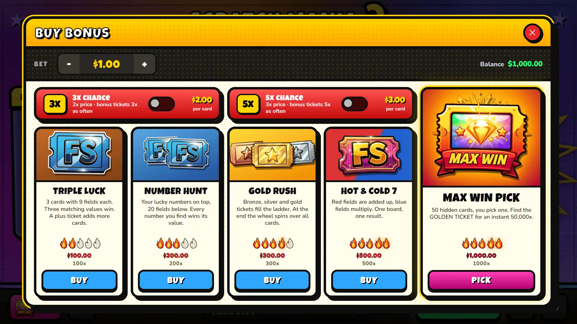 Scratch Mania 2 bonus buy menu