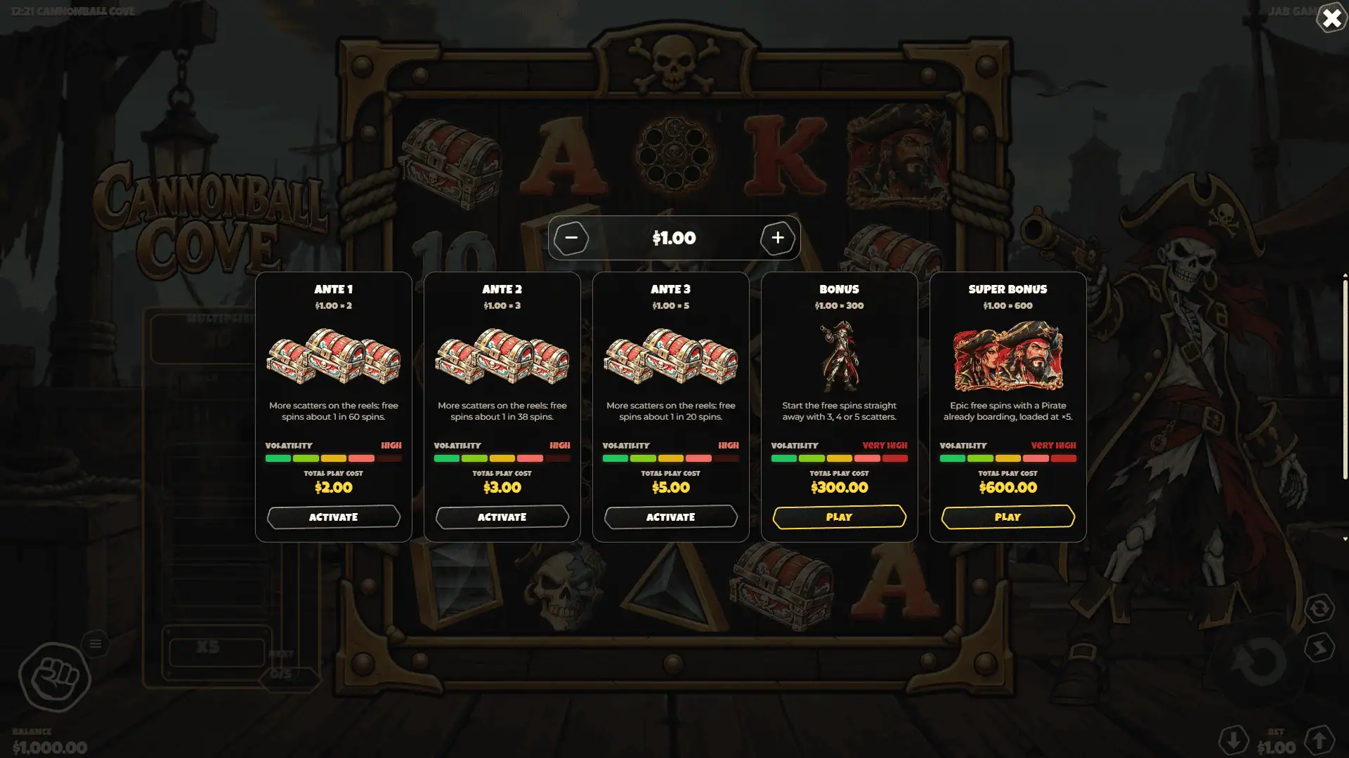 Cannonball Cove bonus buy menu