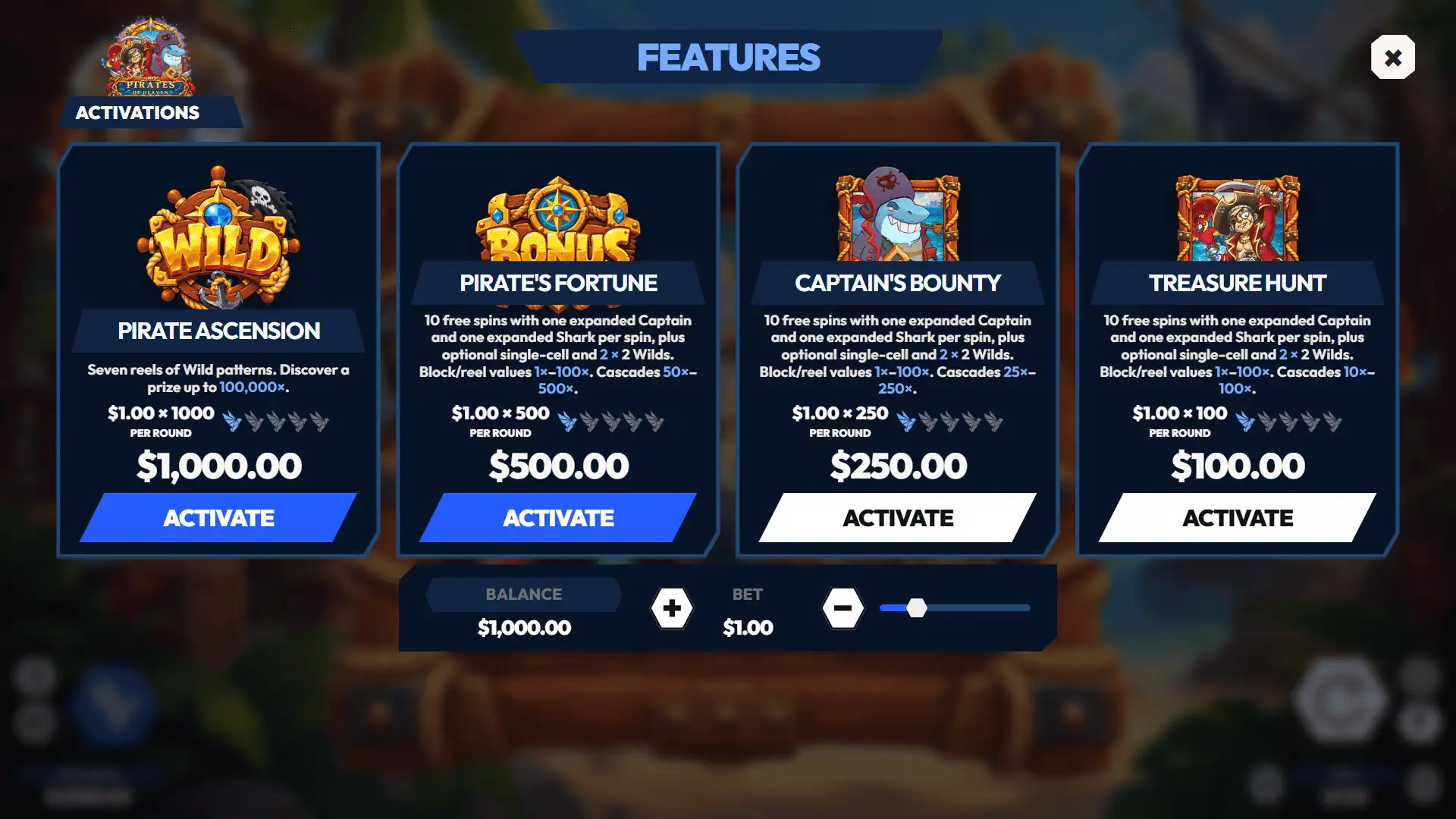 Pirates of Heaven bonus buy menu