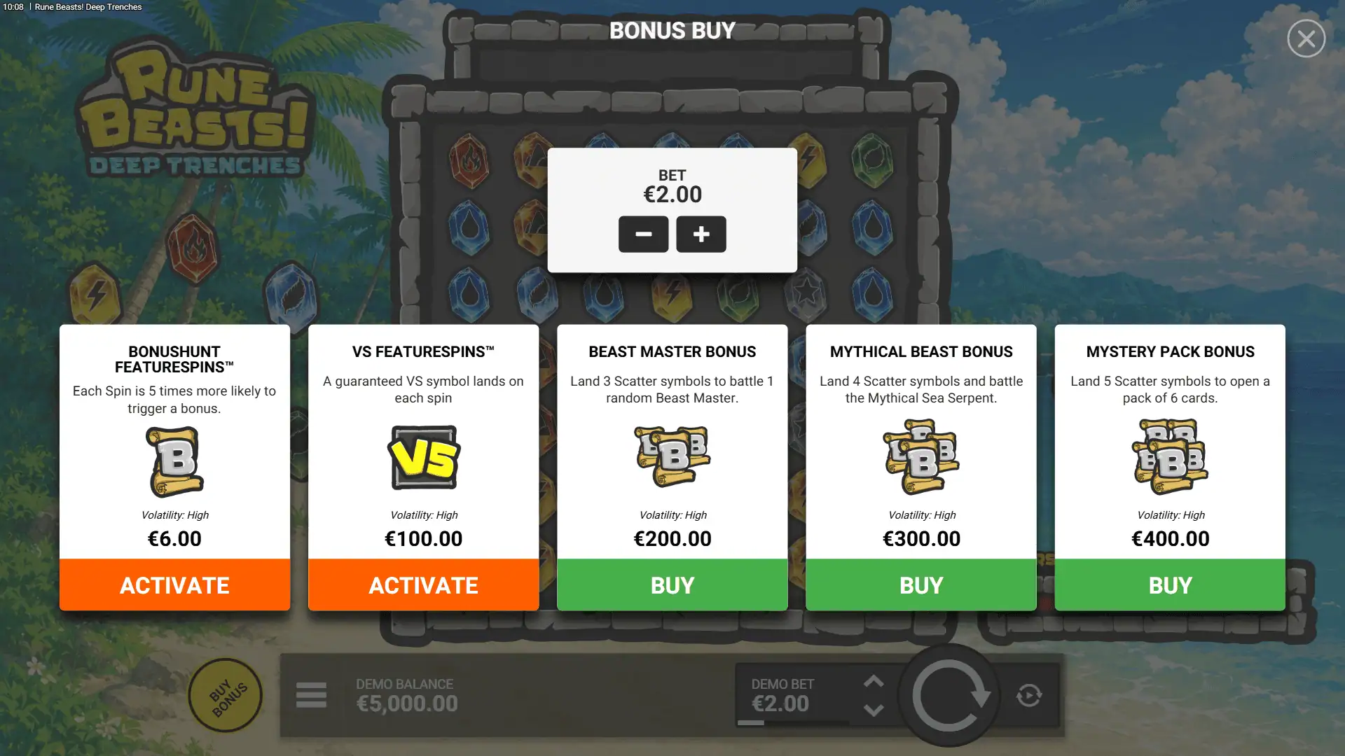 Rune Beasts! Deep Trenches bonus buy menu