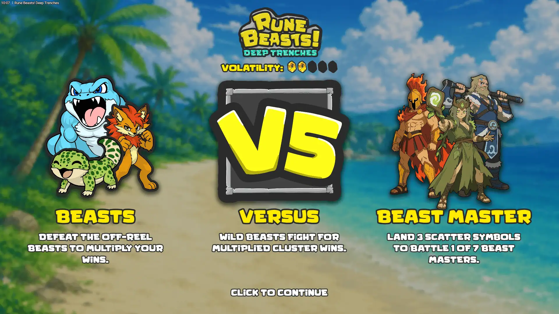 Rune Beasts! Deep Trenches slot intro screen