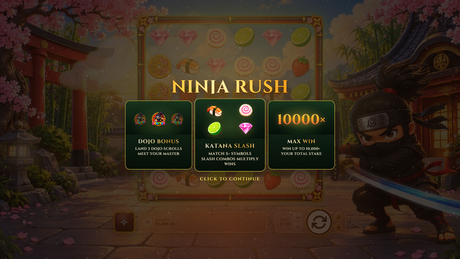 Ninja Rush slot intro screen