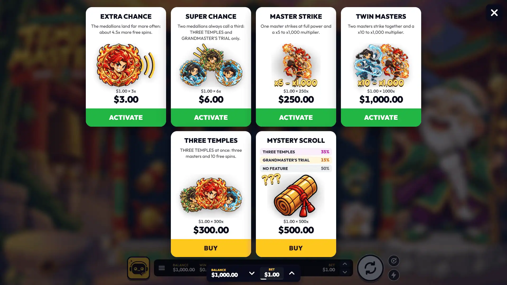Temple Masters bonus buy menu