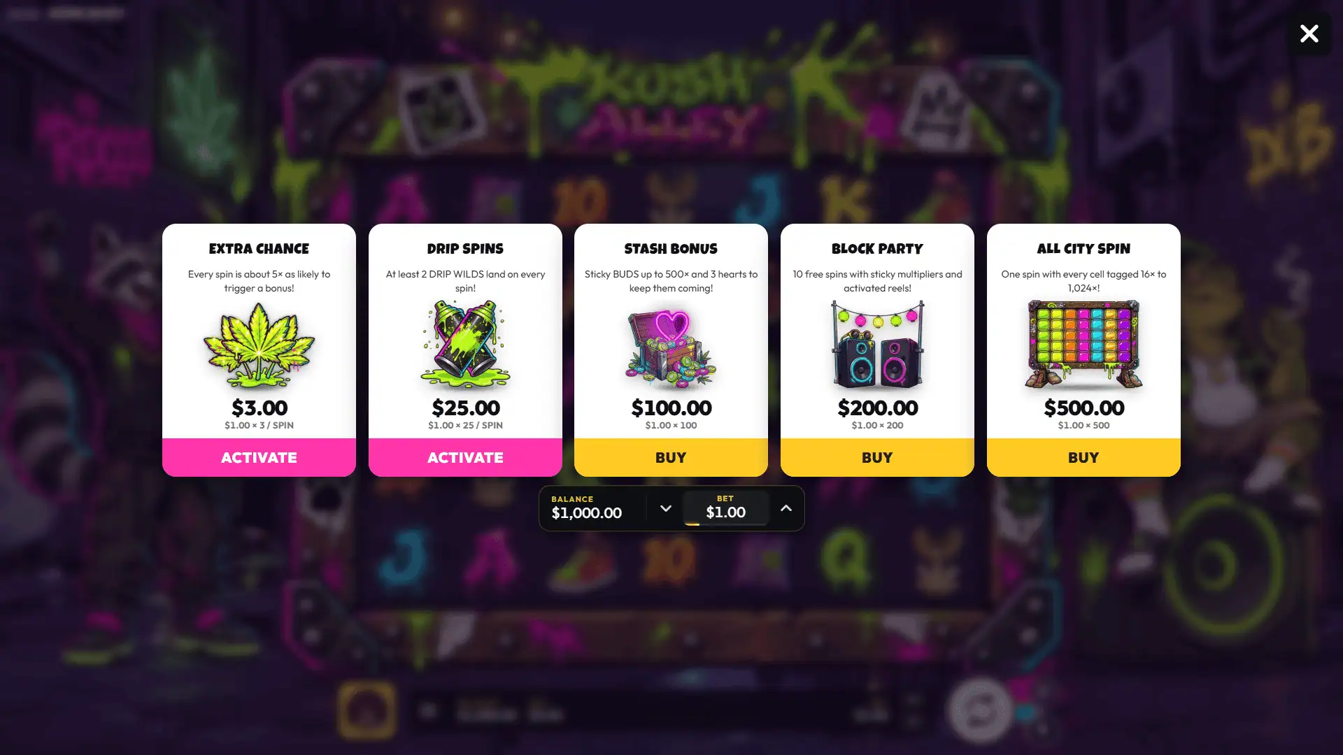 Kush Alley bonus buy menu