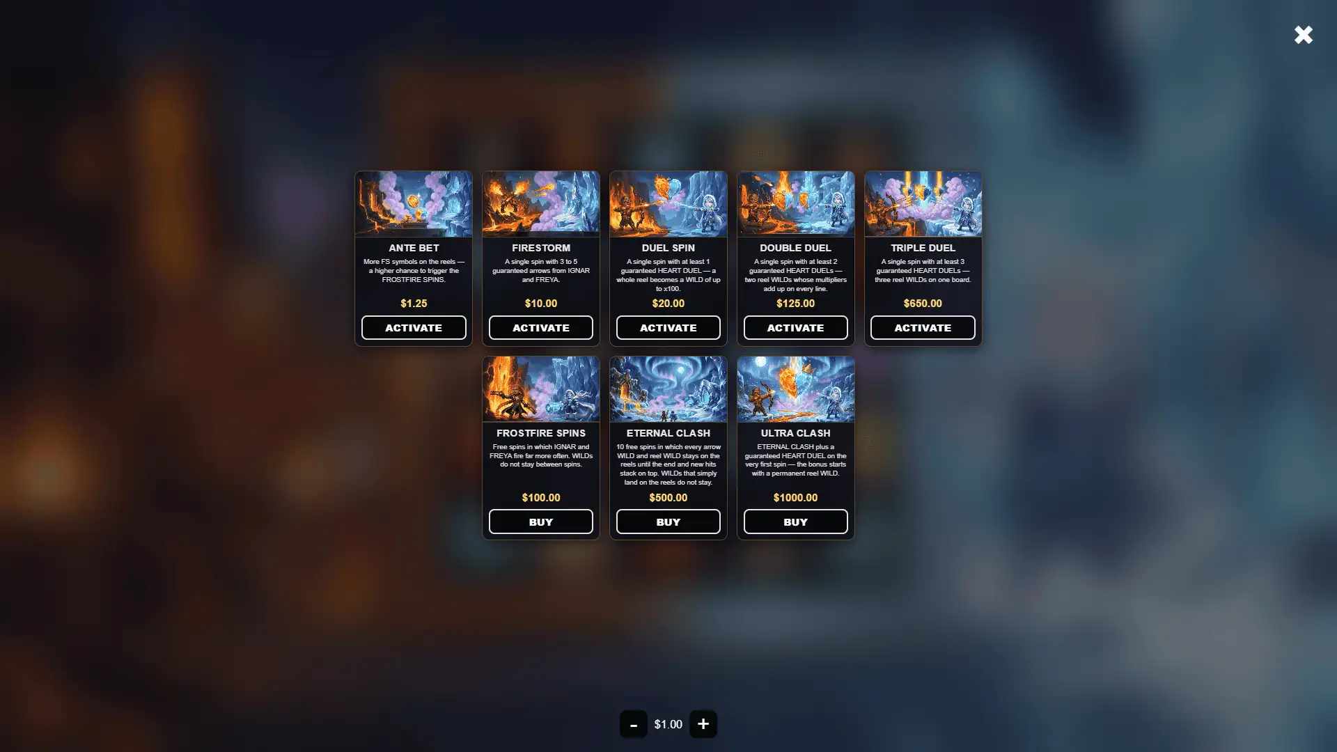 Frostfire Clash bonus buy menu