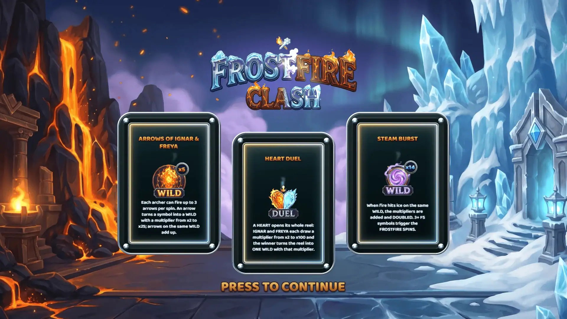 Frostfire Clash slot intro screen