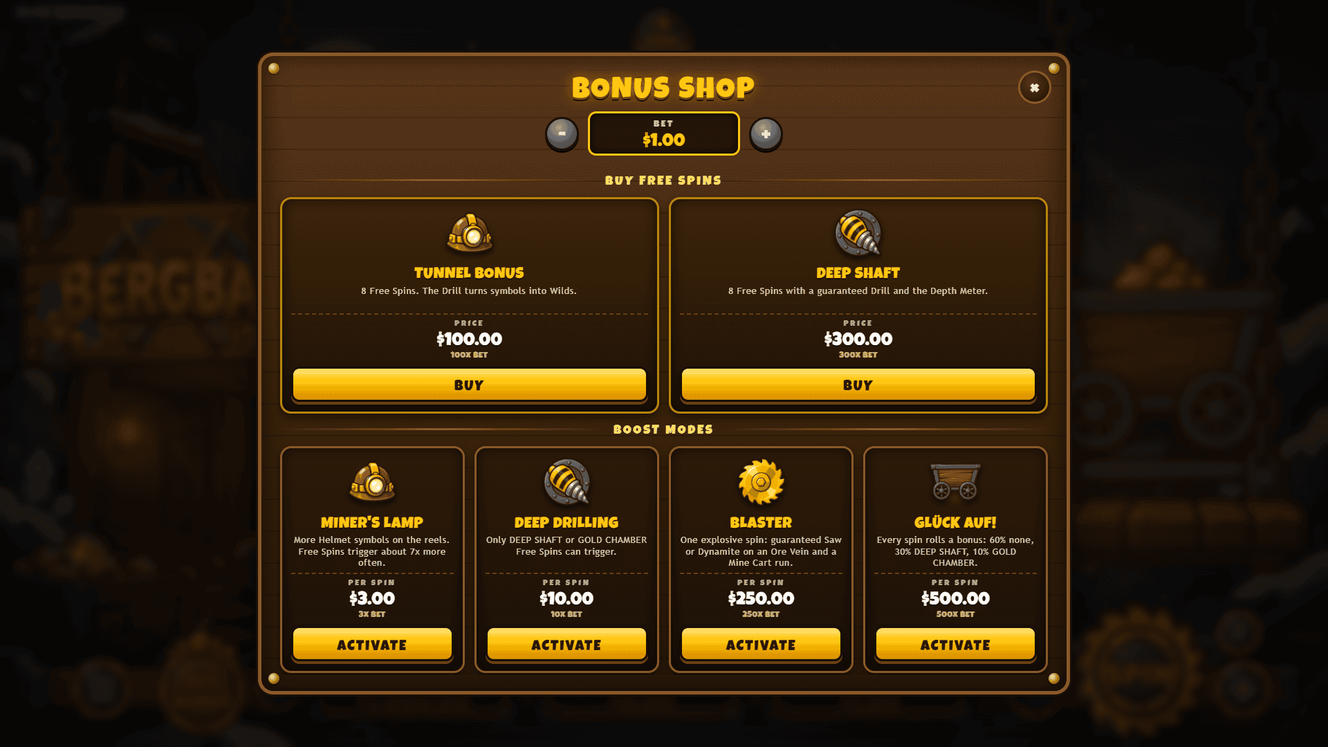 Bergbau bonus buy menu