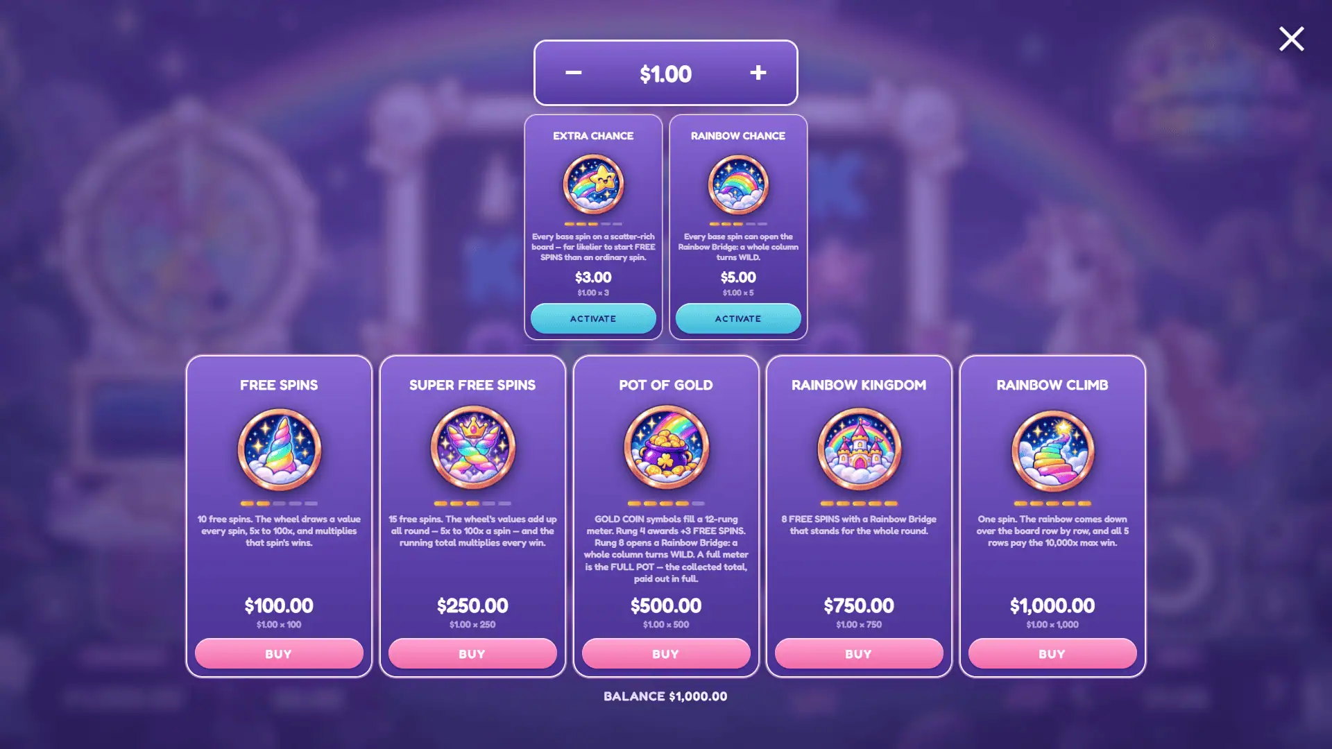 Sahra Rainbow bonus buy menu