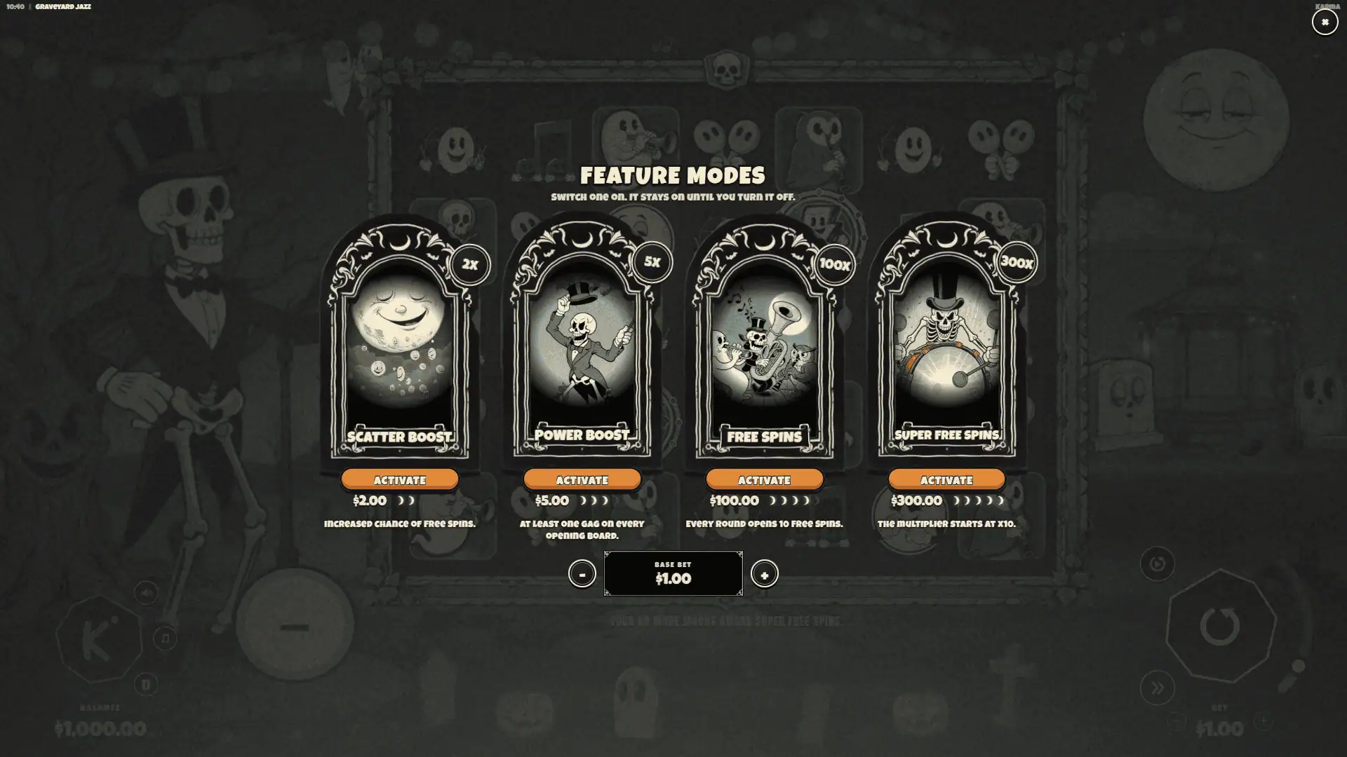 Graveyard Jazz bonus buy menu