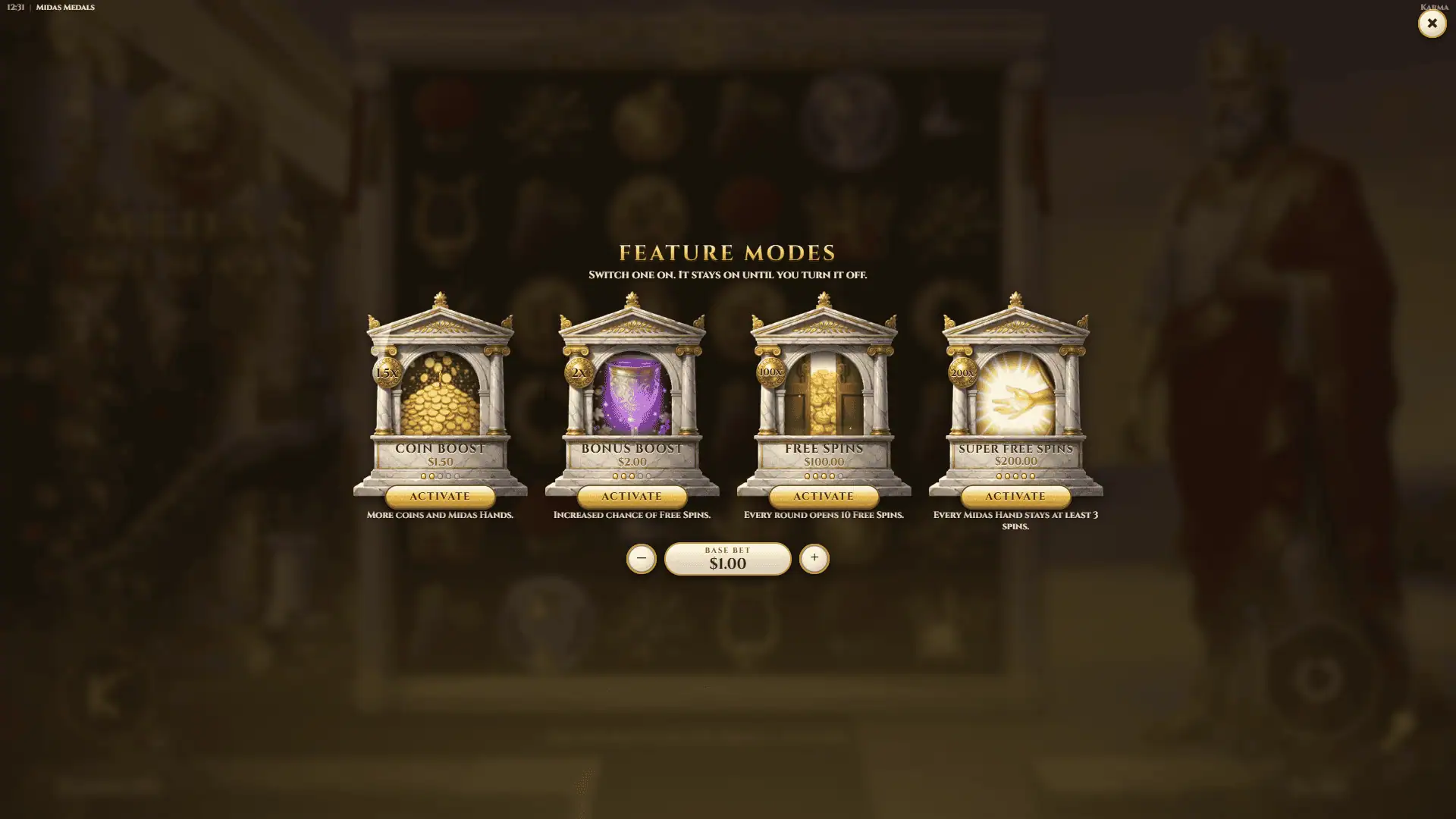 Midas Medals bonus buy menu