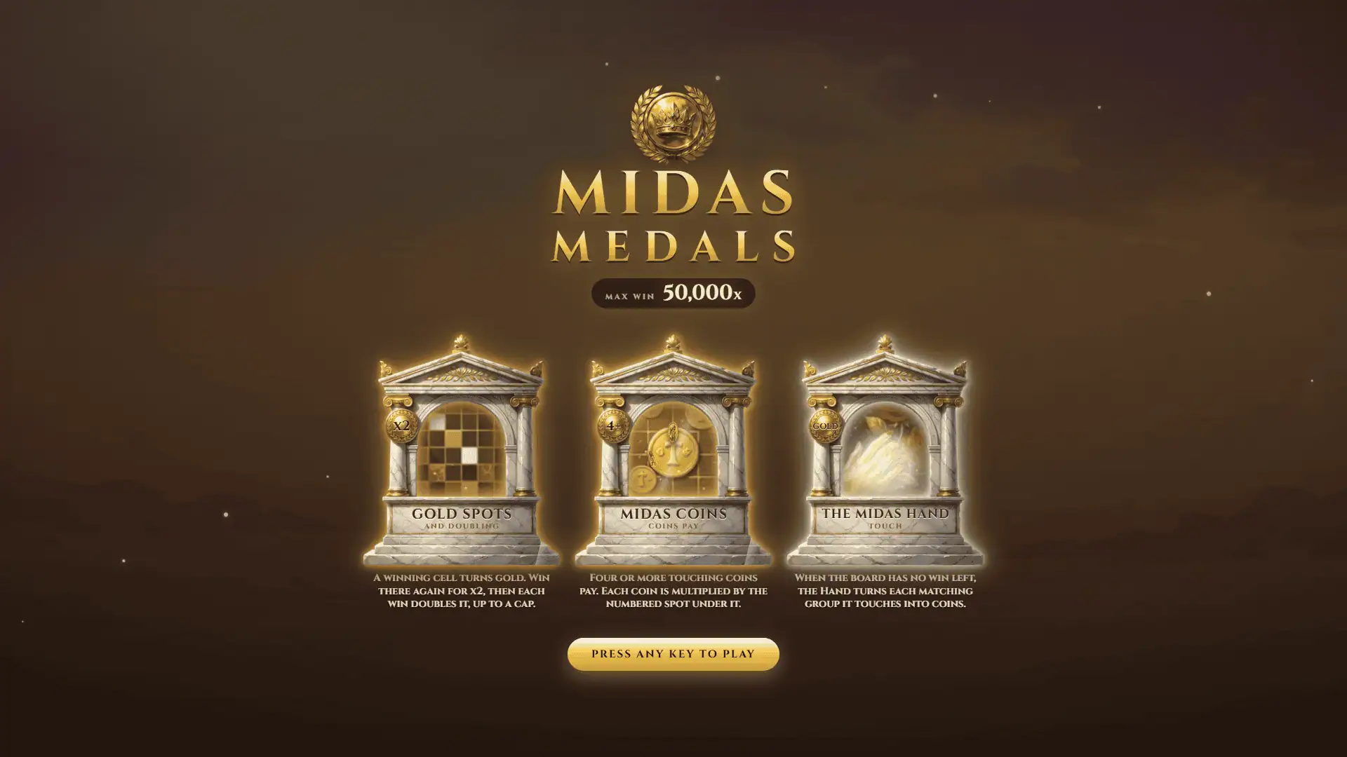 Midas Medals slot intro screen