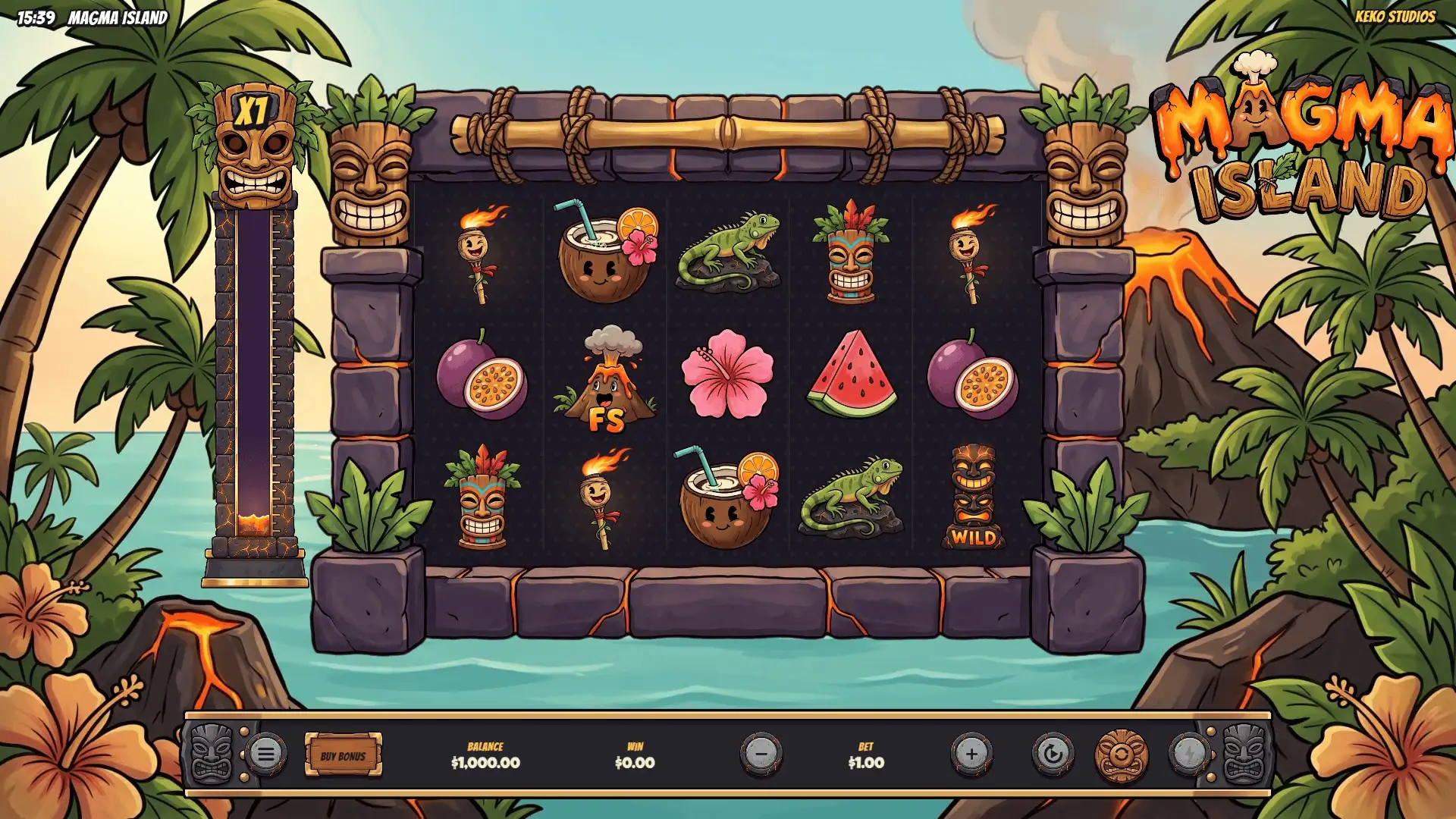 Magma Island slot gameplay reels