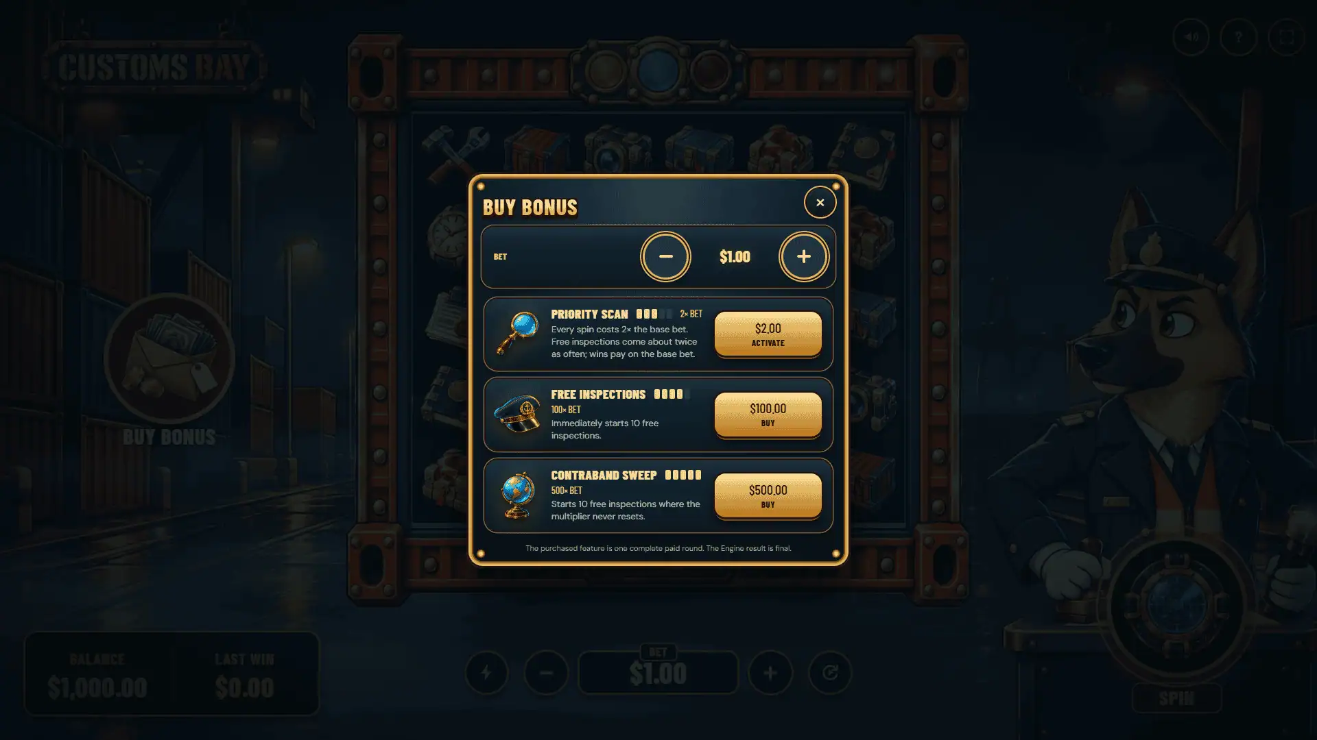 Customs Bay bonus buy menu