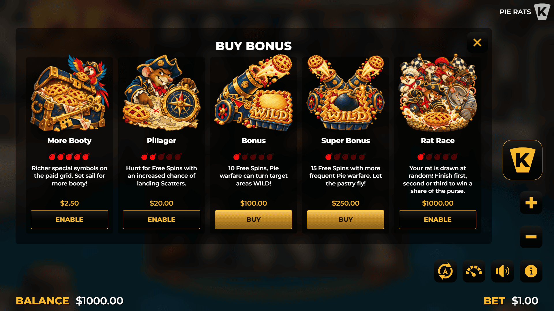 Pie Rats bonus buy menu
