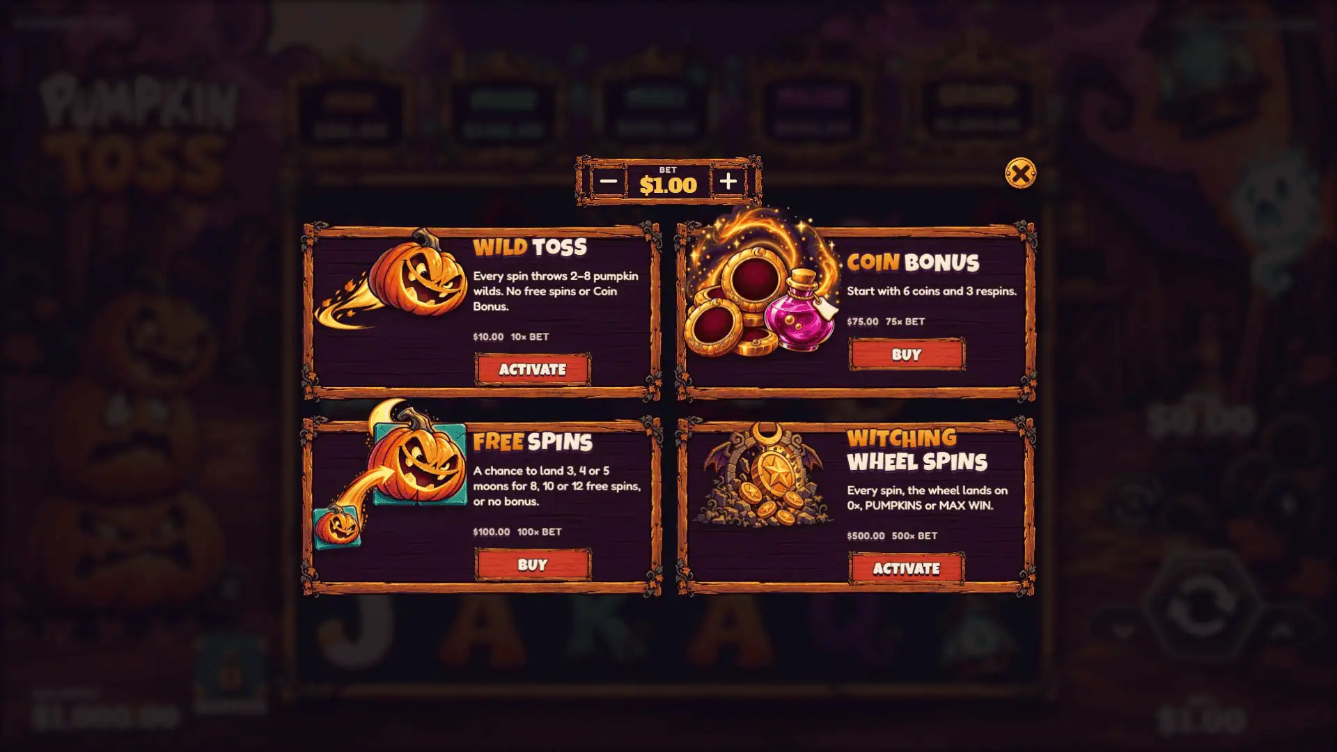 Pumpkin Toss bonus buy menu