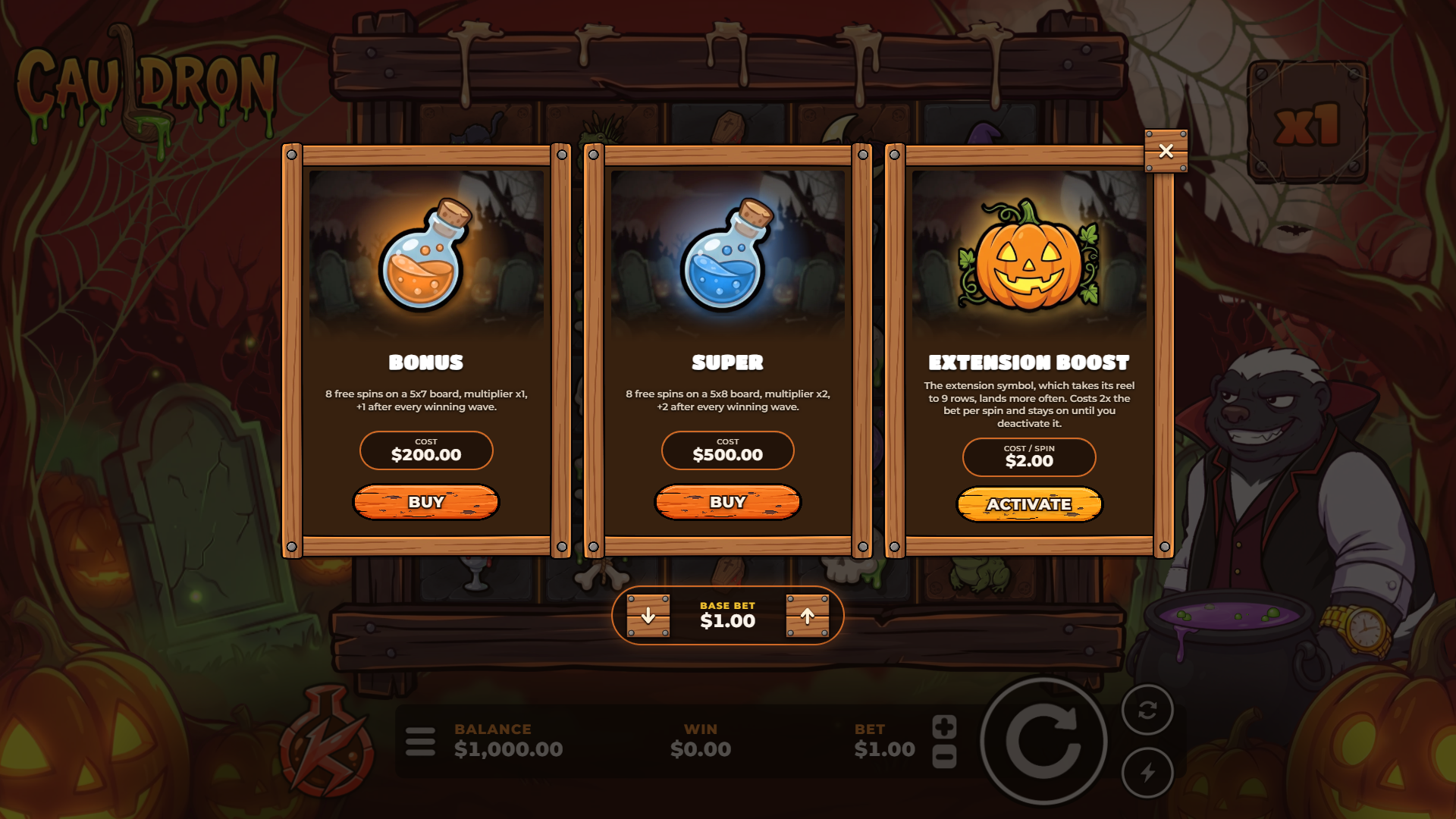 Cauldron bonus buy menu