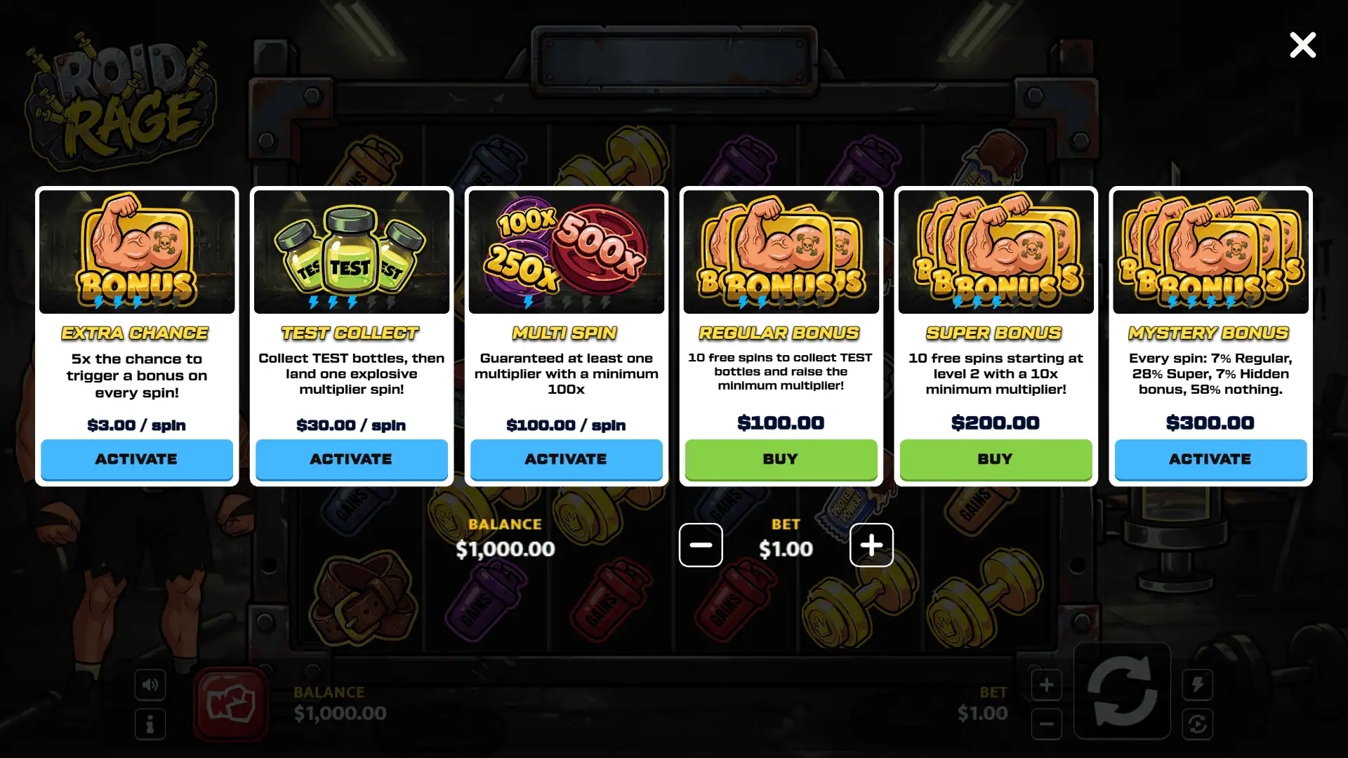 Roid Rage bonus buy menu