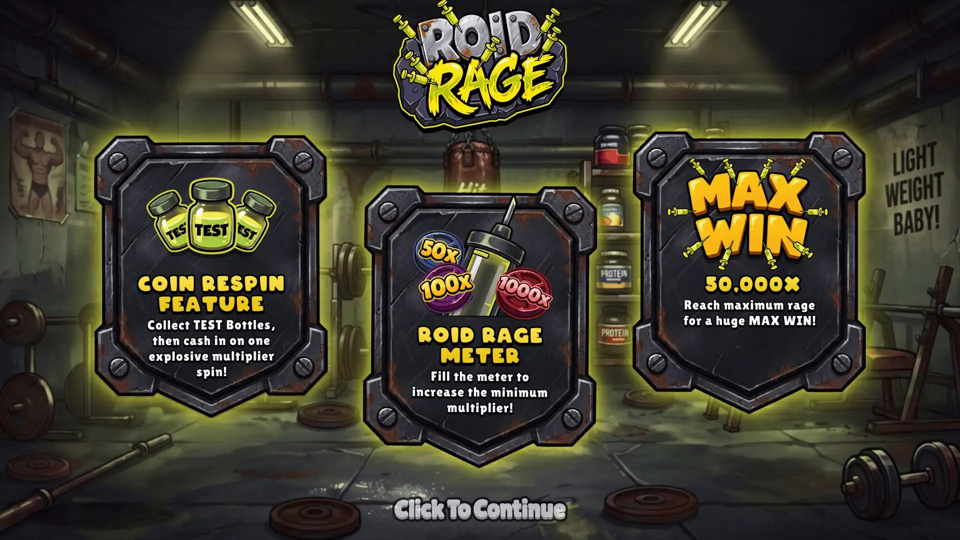 Roid Rage slot intro screen