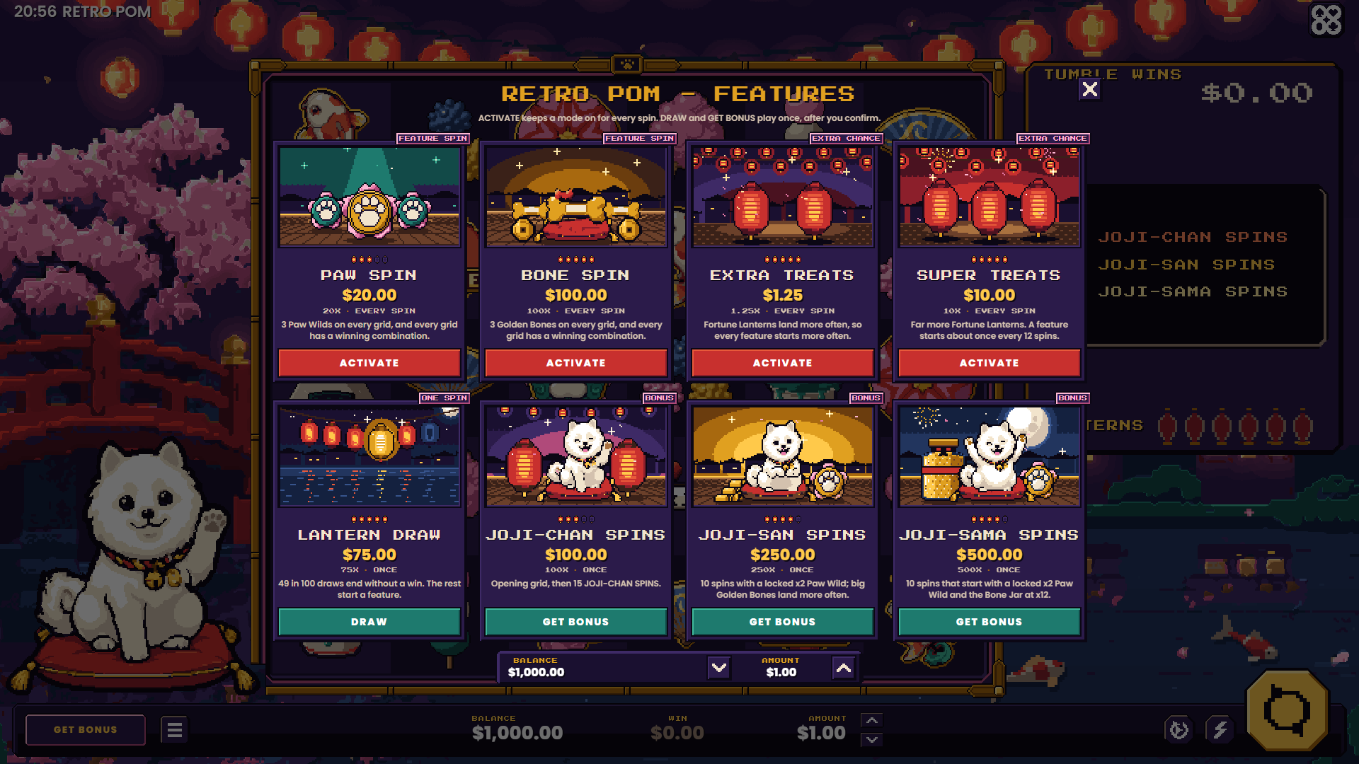 Retro Pom bonus buy menu