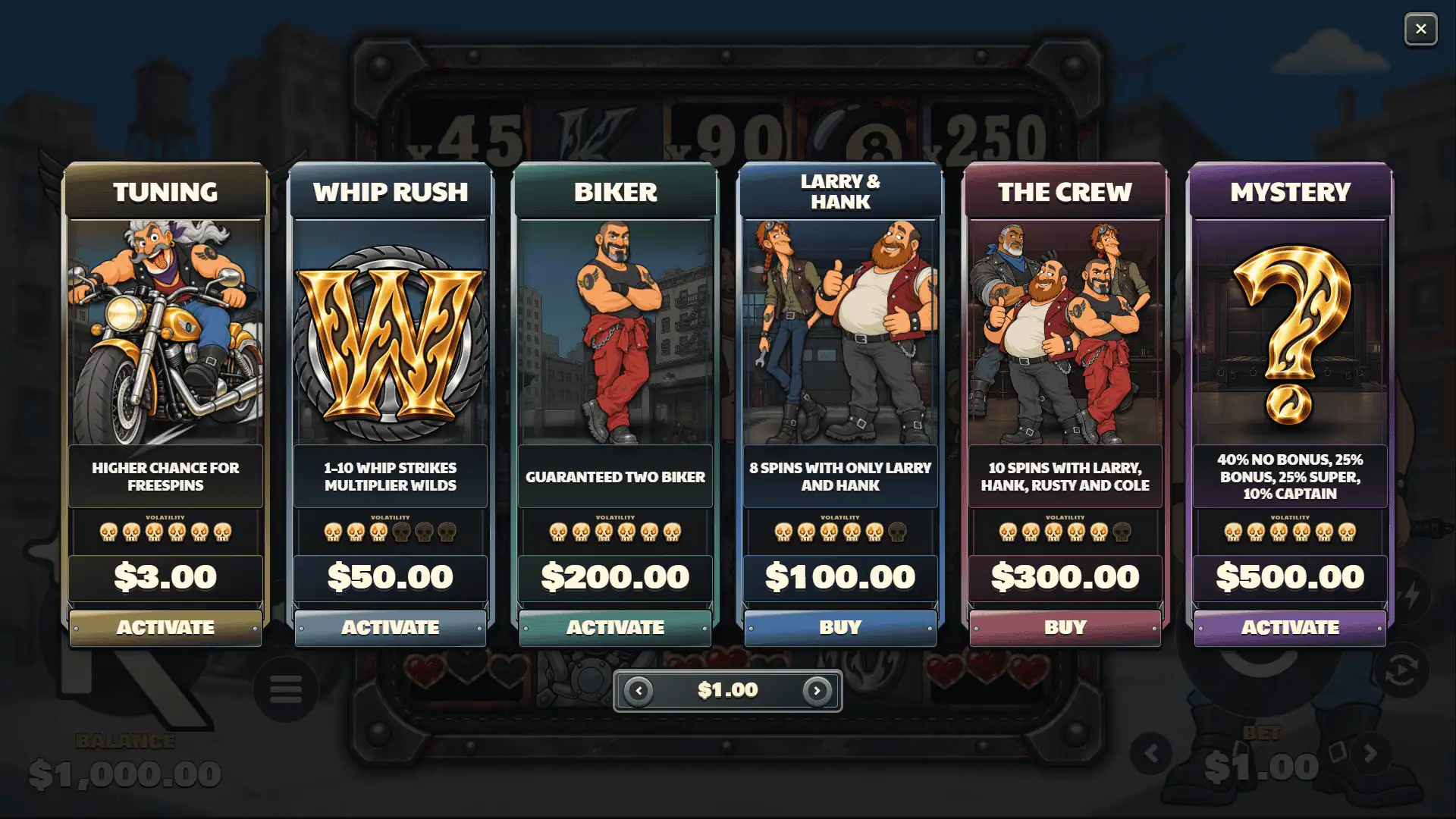 Bikers Club bonus buy menu