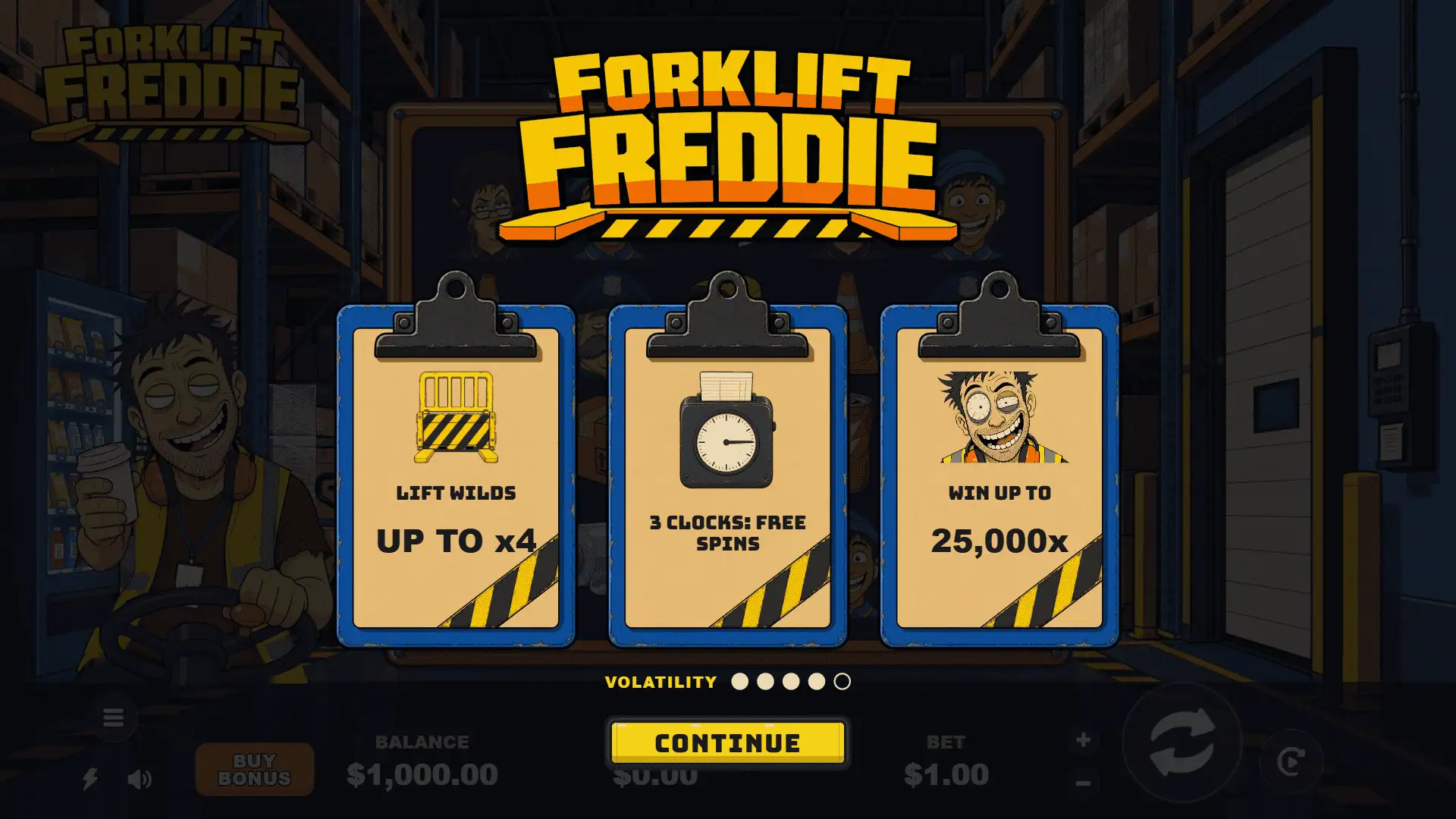 Forklift Freddie slot intro screen