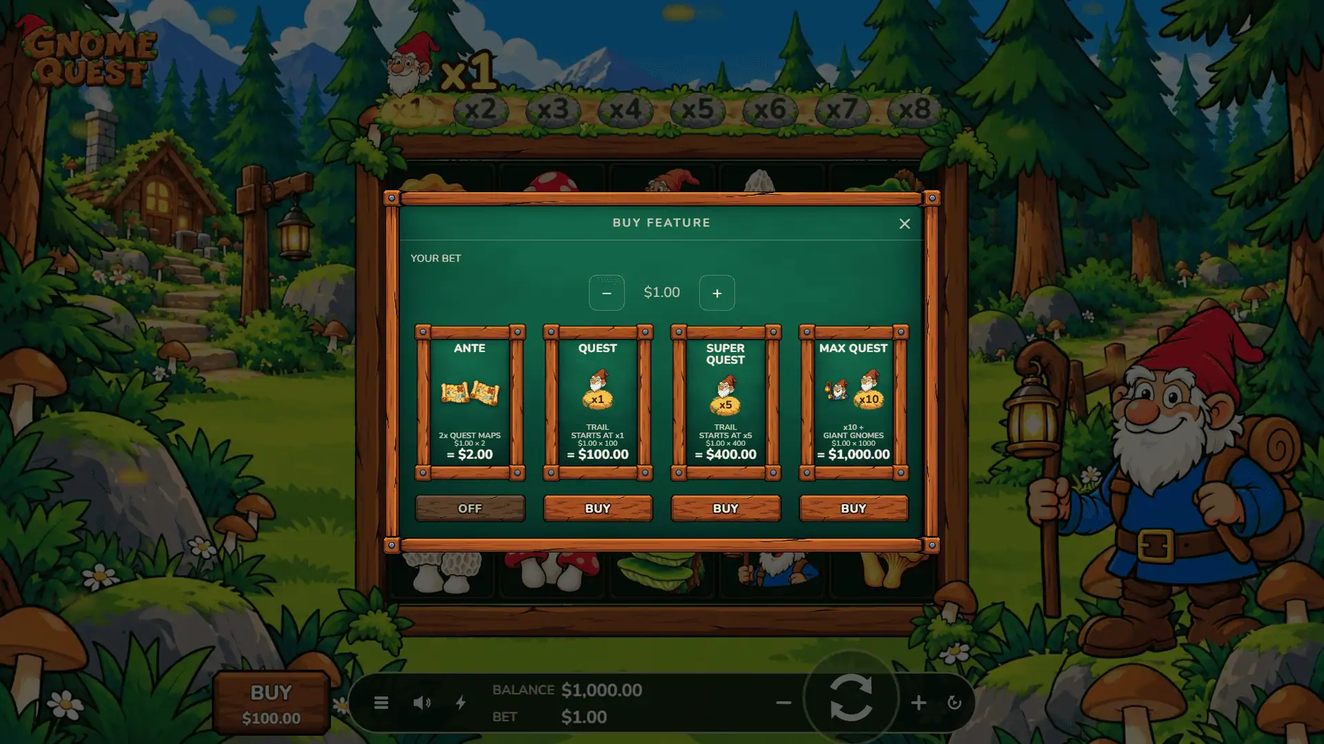 Gnome Quest bonus buy menu