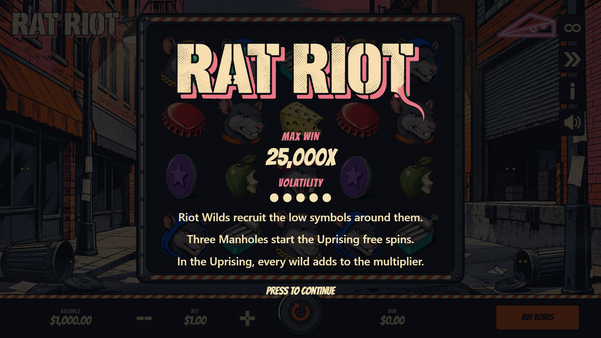 Rat Riot slot intro screen