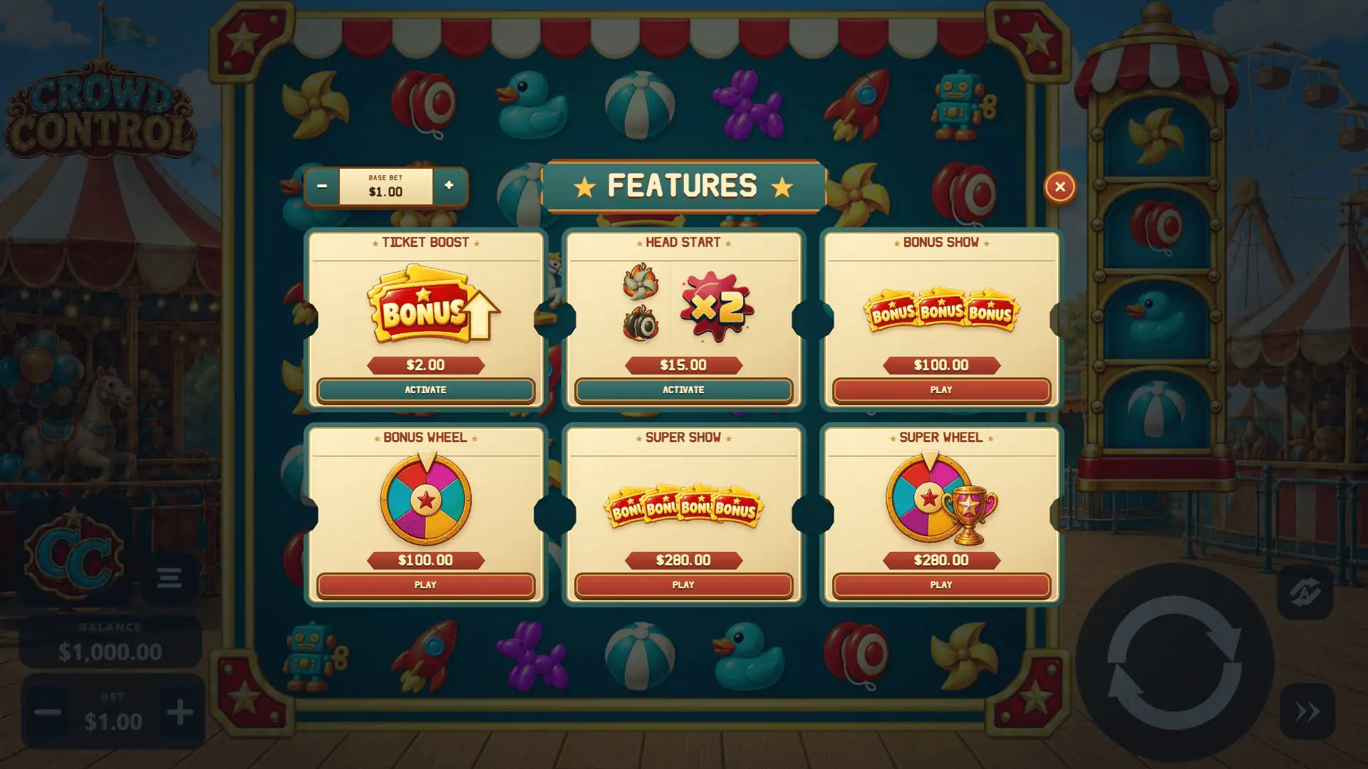 Crowd Control Cluster Pays bonus buy menu