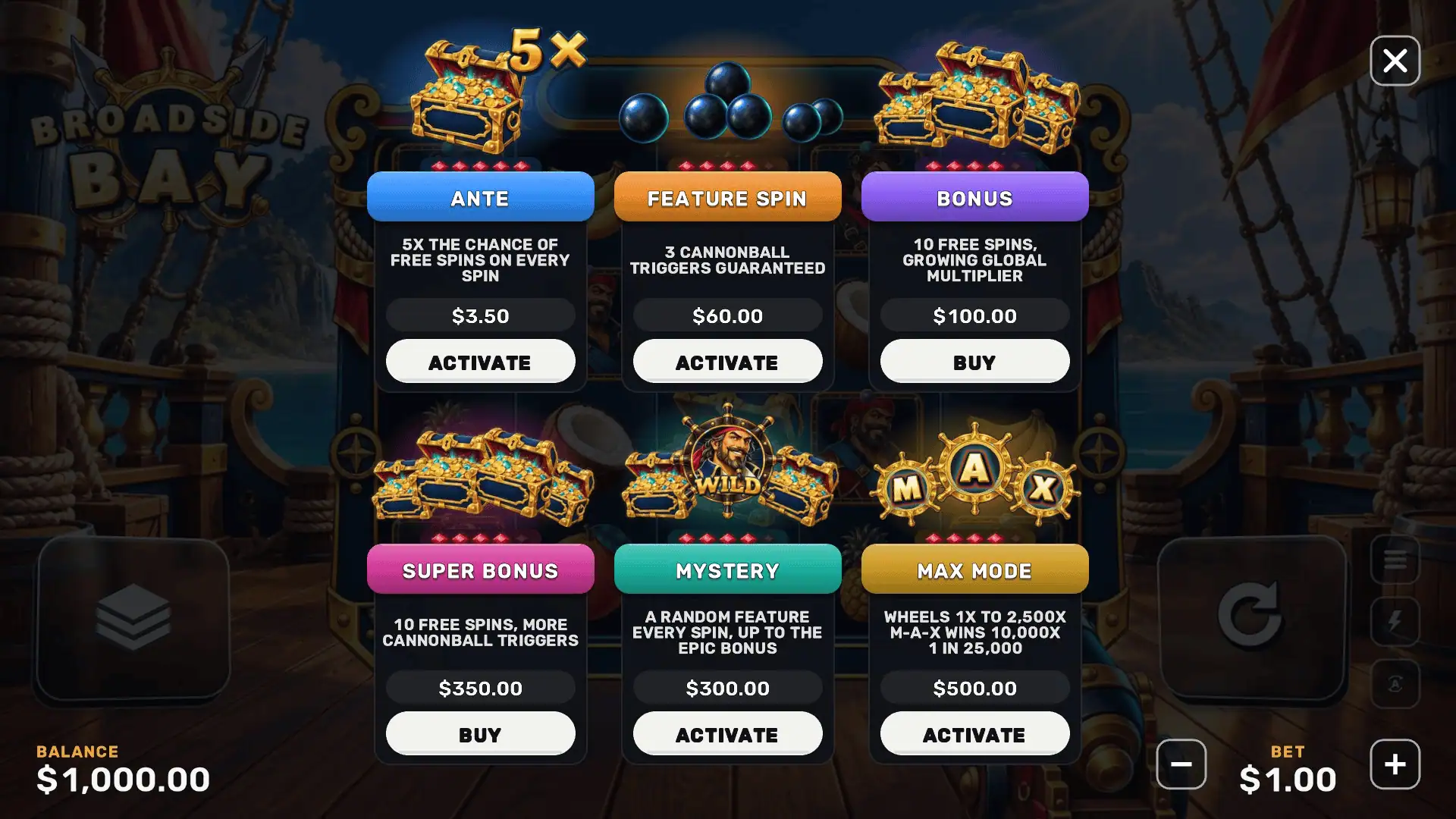 Broadside Bay bonus buy menu