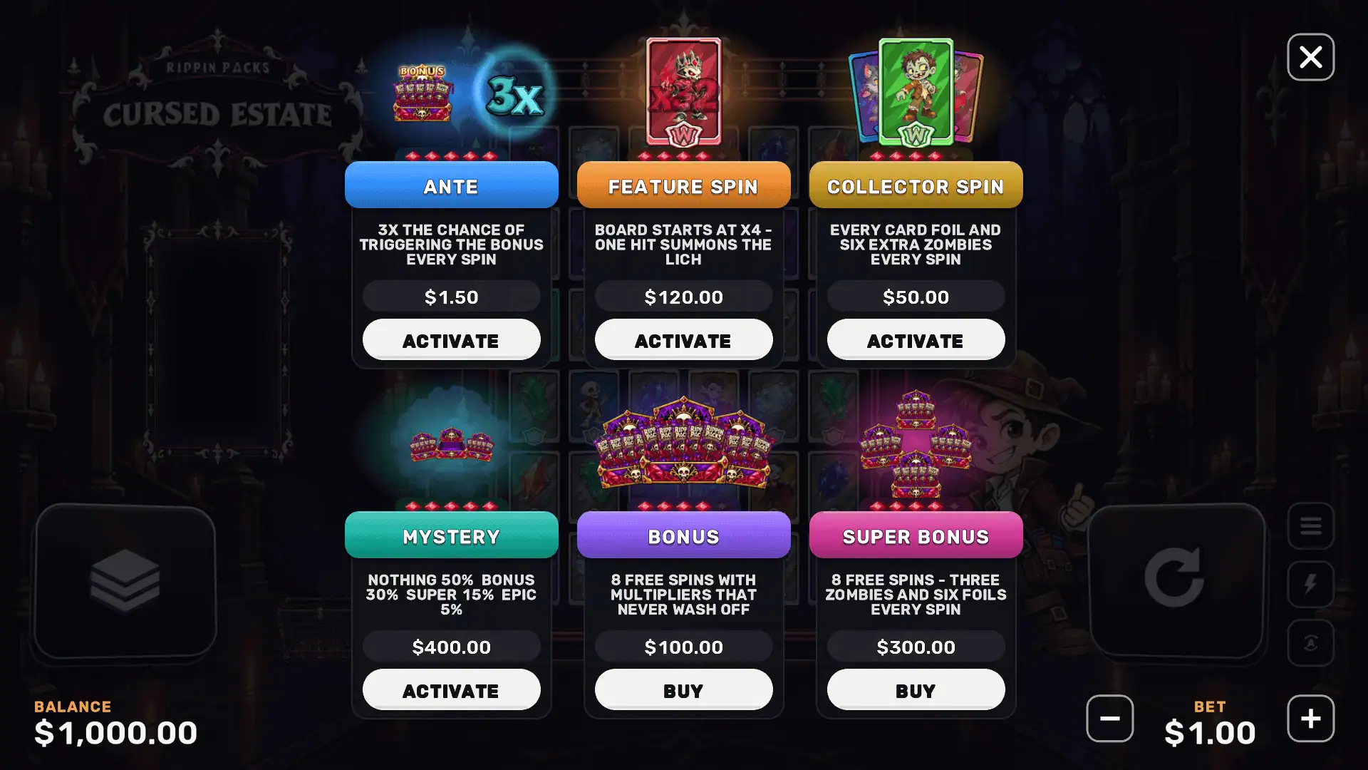 Rippin' Packs: Cursed Estate bonus buy menu