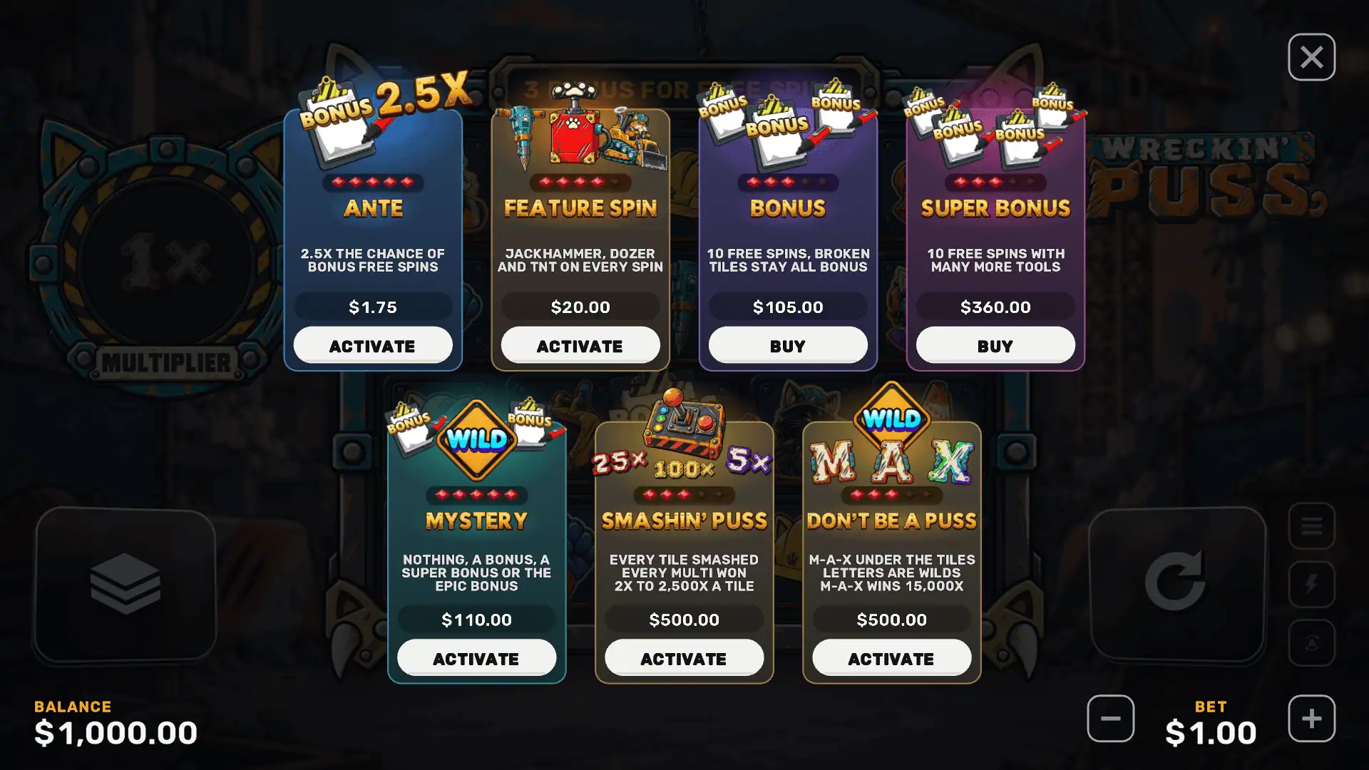 Wreckin' Puss bonus buy menu