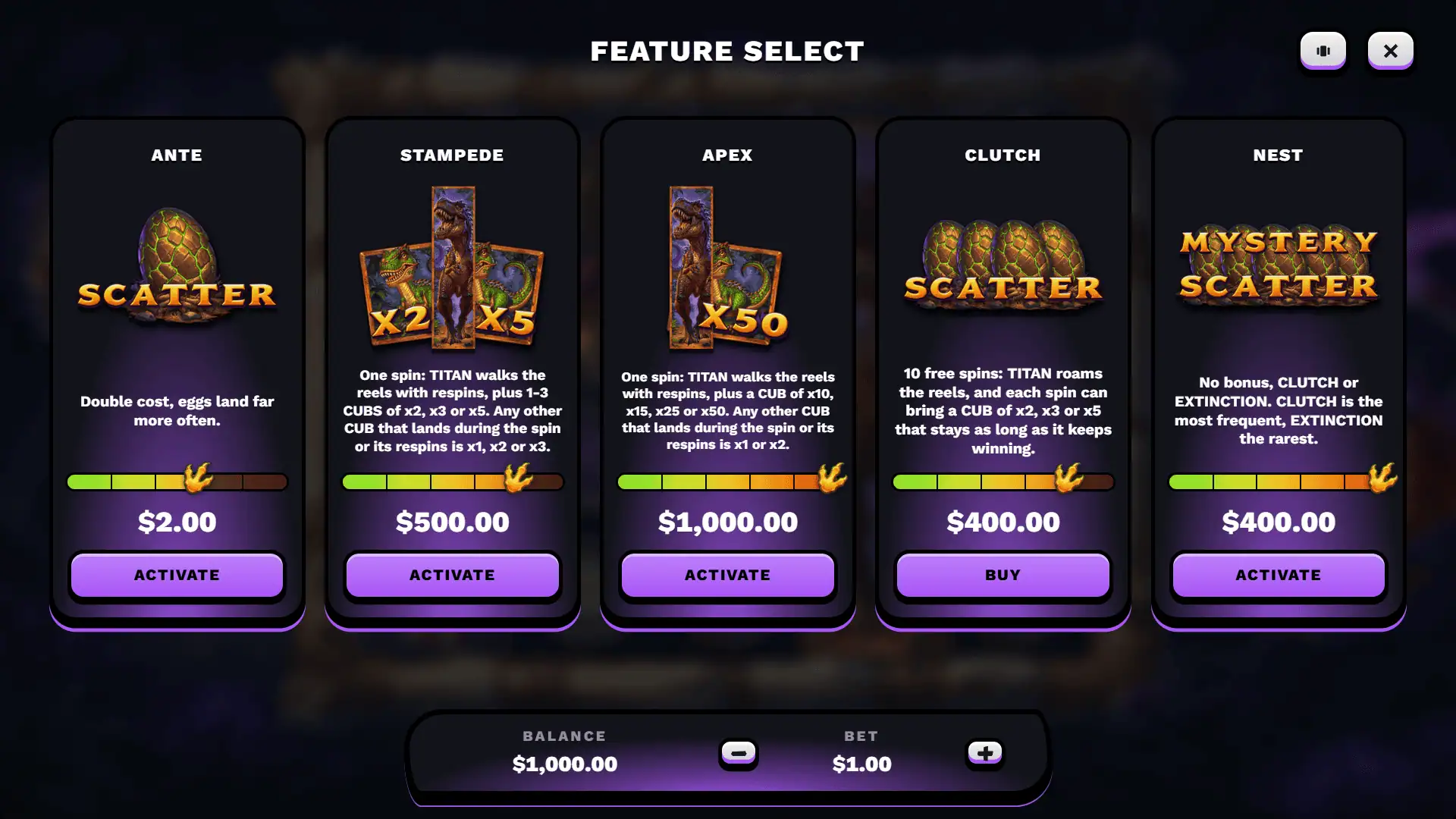 Chicxulub bonus buy menu