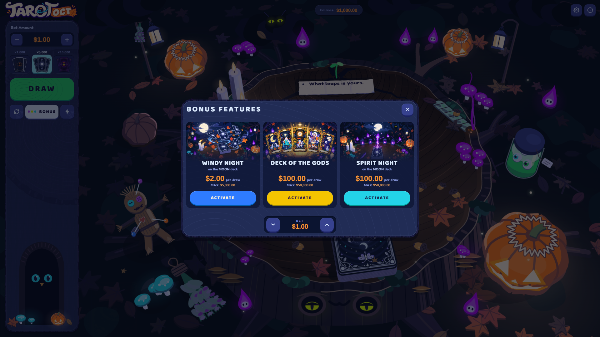Tarot October bonus buy menu