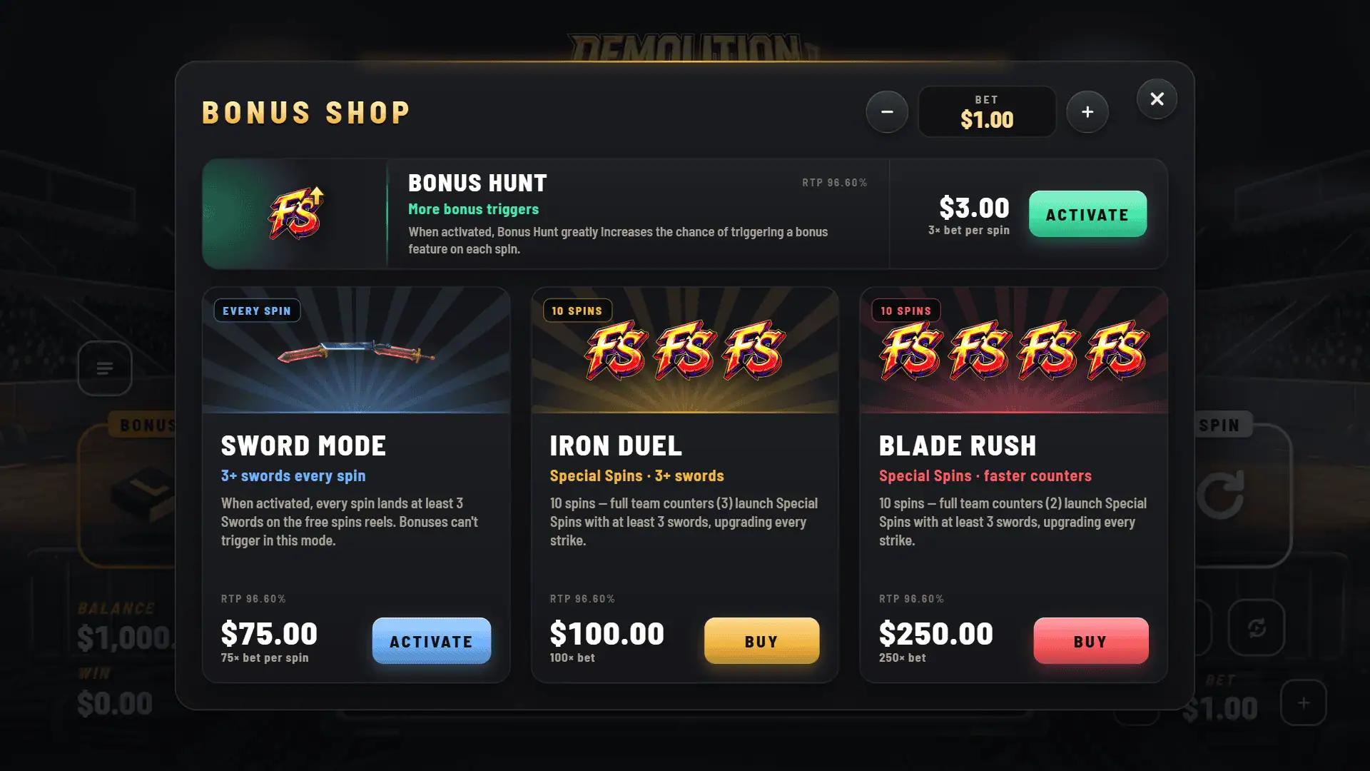 Demolition Blade bonus buy menu